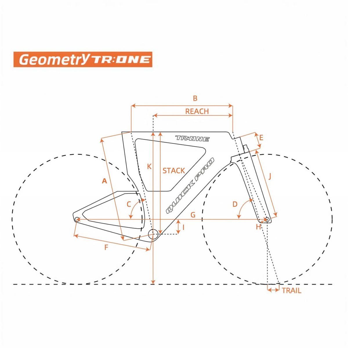NorVelo TR:ONE triathlon bike geometry diagram showing frame measurements, stack, reach, and aerodynamic angles.