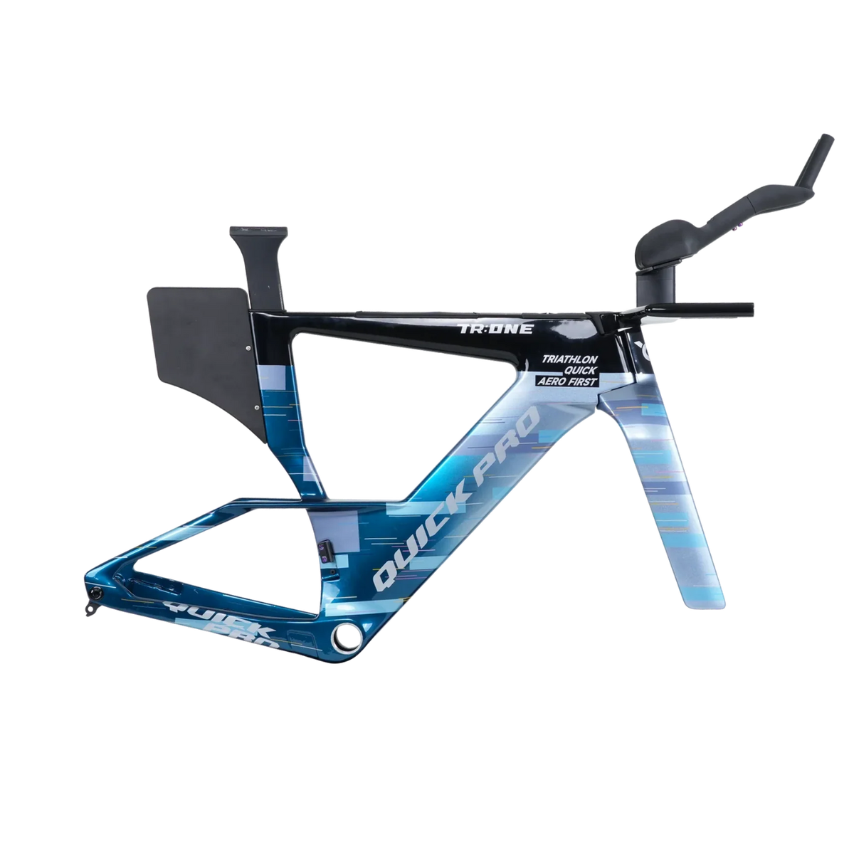 NorVelo TR:ONE triathlon bike frame in blue and black with aerodynamic design and Quick Pro branding