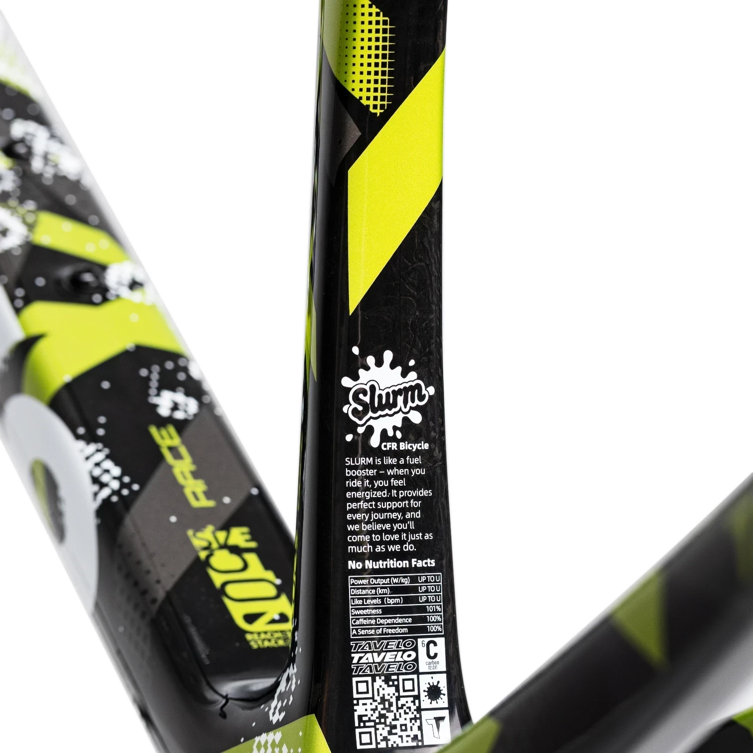 NorVelo Arden carbon road bike frame in black with neon yellow and white graphic details on the seat tube