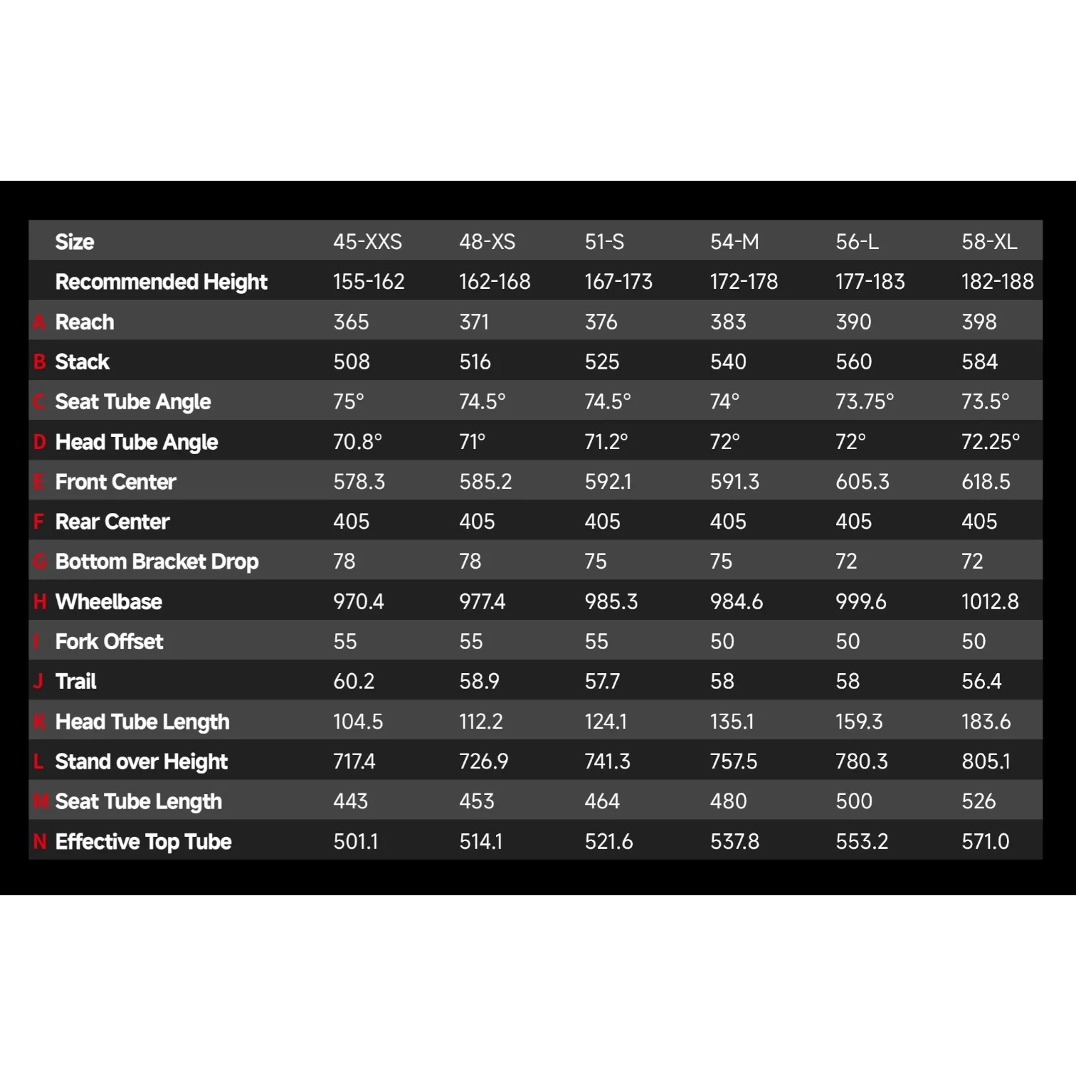 NorVelo AROW road bike geometry and sizing chart table for sizes 45-XXS to 58-XL with detailed measurements