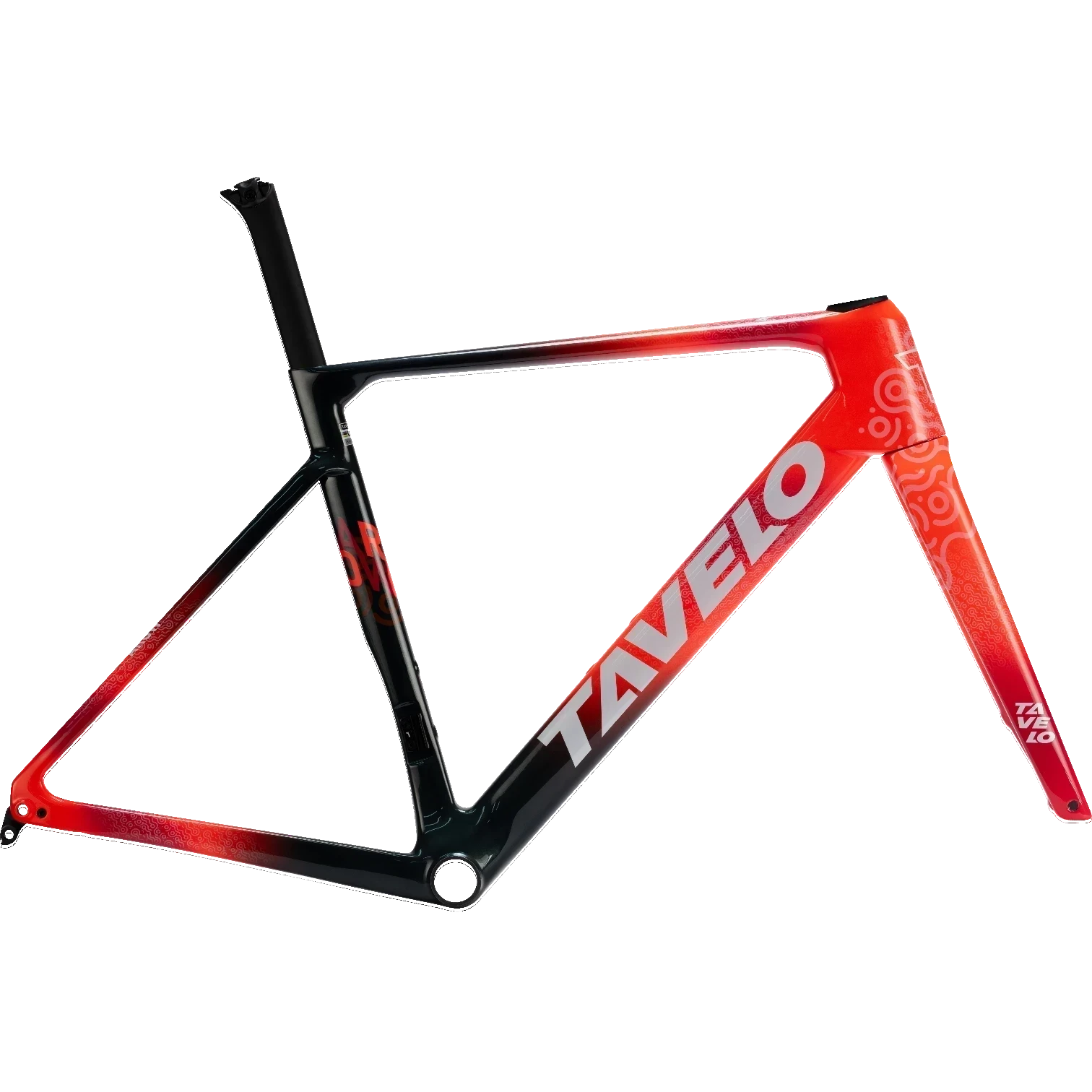 NorVelo AROW Race carbon road bike frame in a black to red gradient finish with white branding and intricate patterns