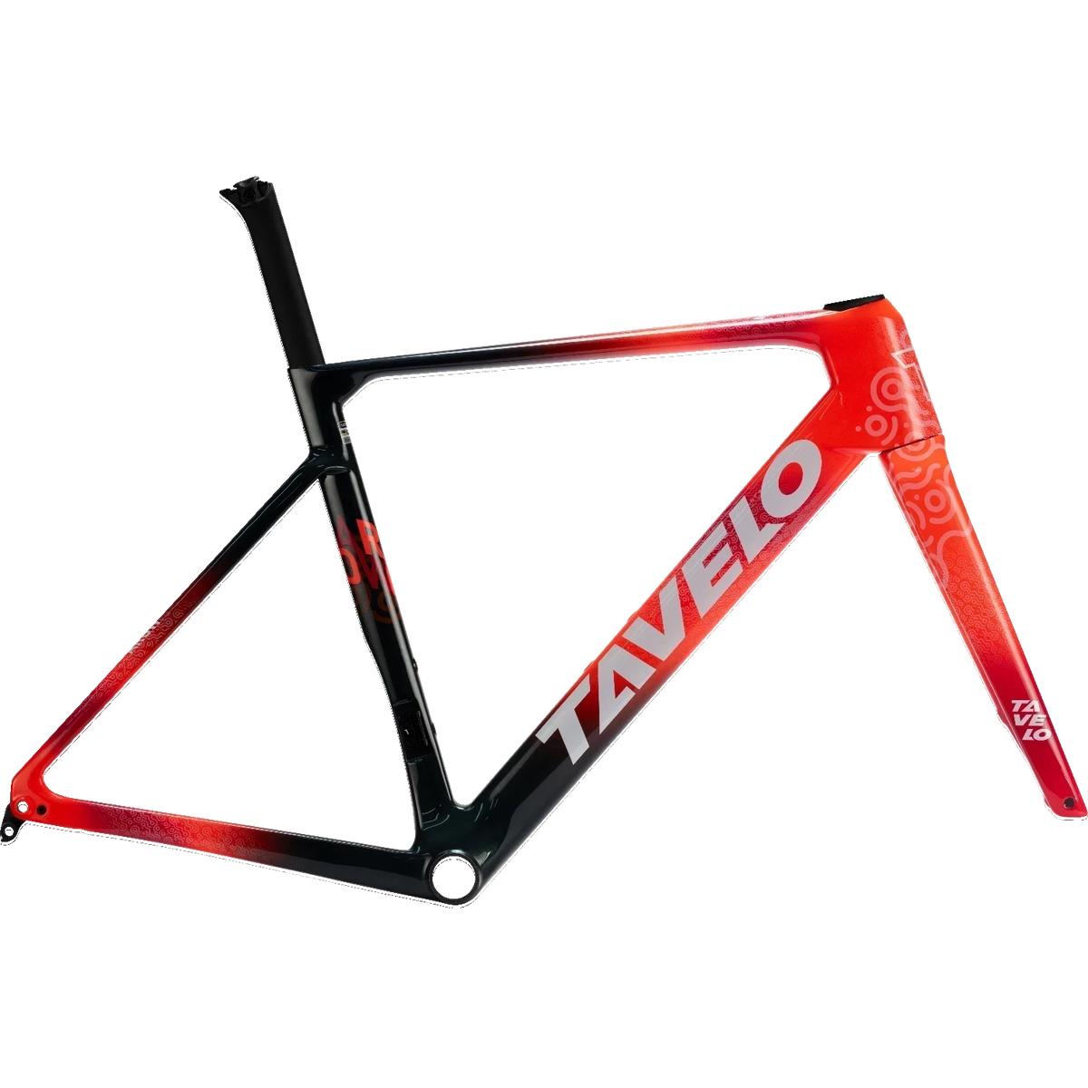 NorVelo AROW Race carbon road bike frame in a black to red gradient finish with white branding and intricate patterns
