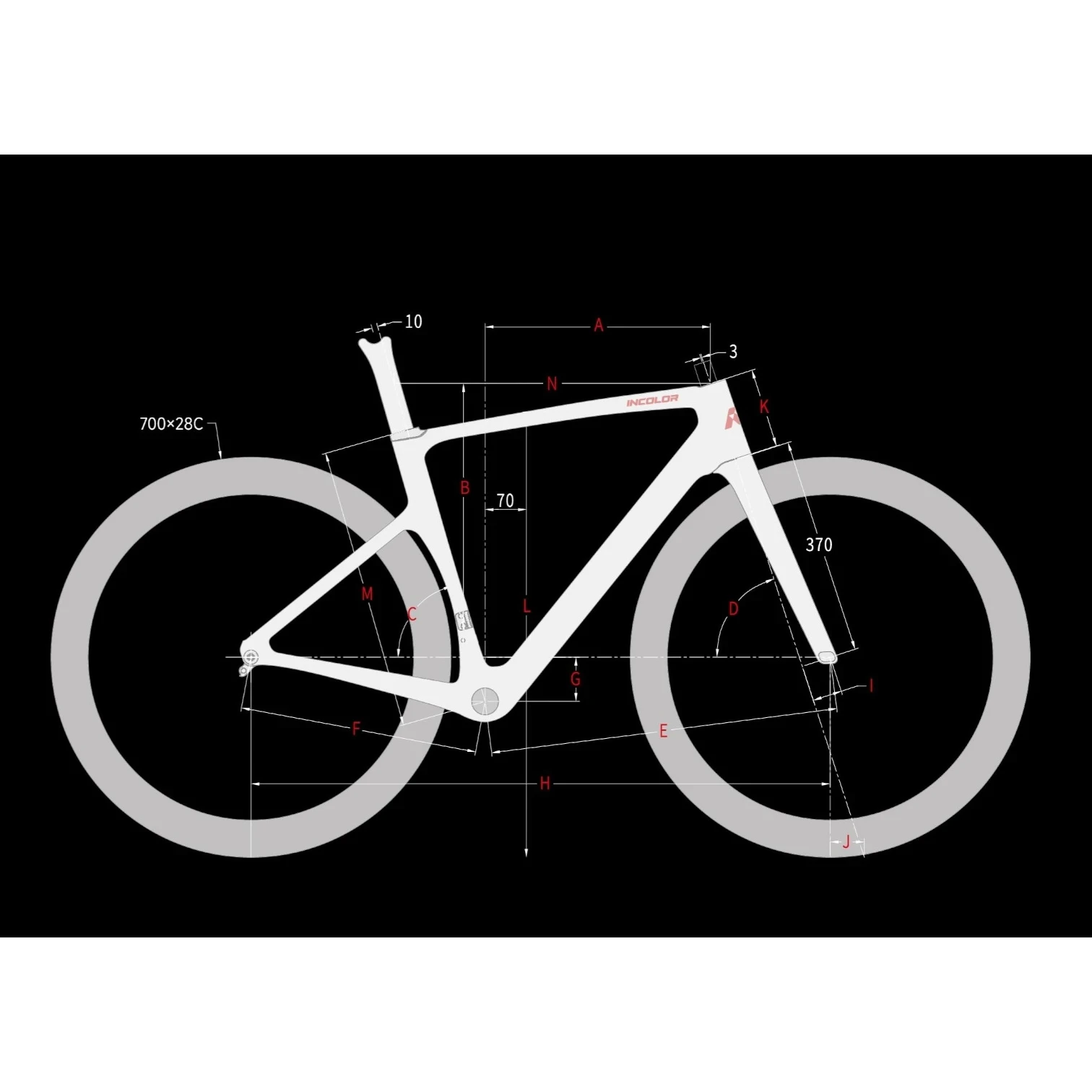NorVelo AROW road bike frame geometry diagram with technical measurements and specifications on a black background
