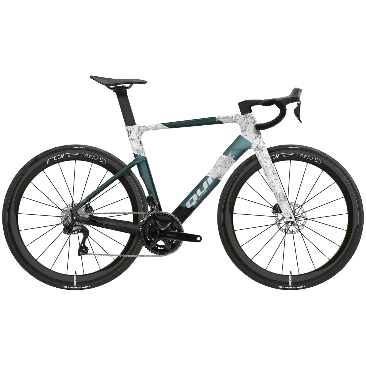 NorVelo BLADE aerodynamic road bike with a dark green and white marble pattern carbon frame and deep section wheels