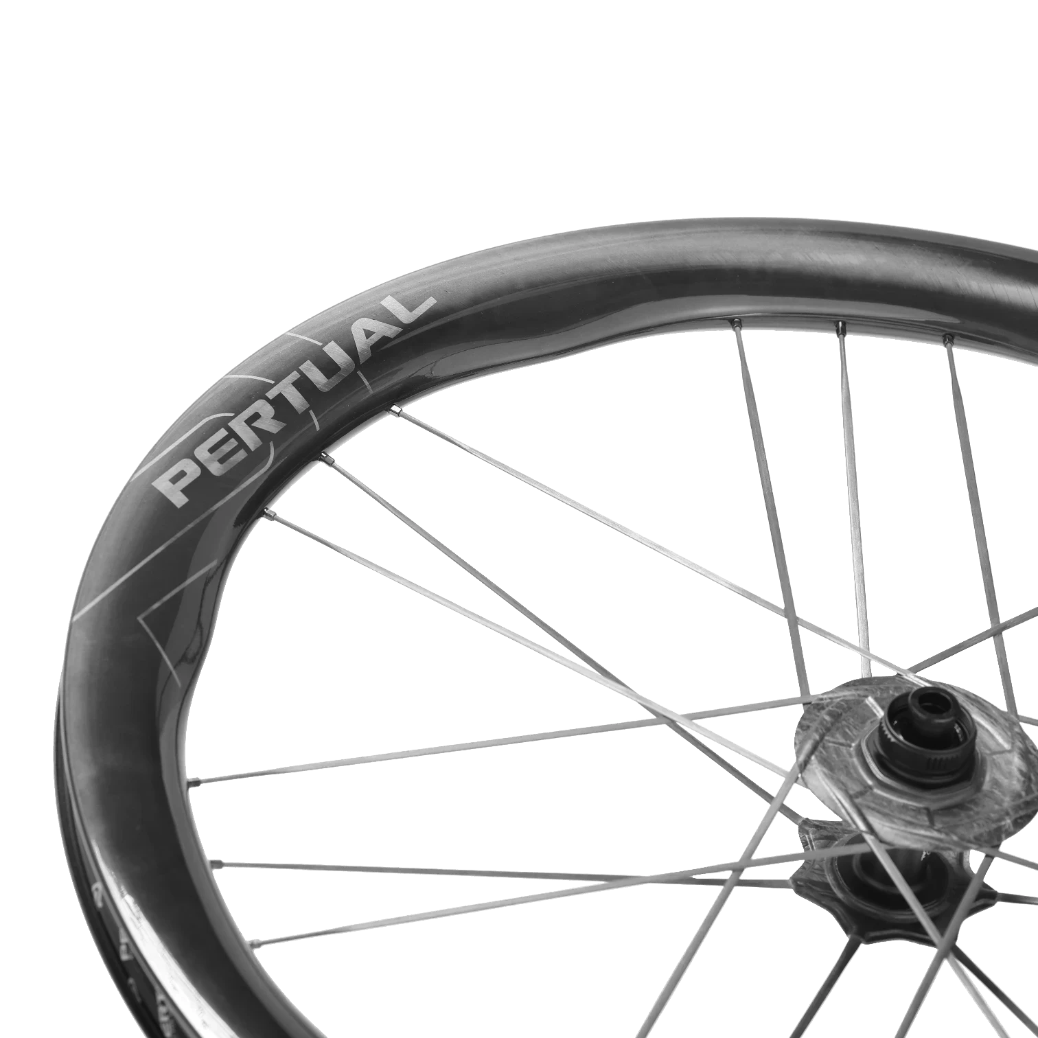 NorVelo carbon fiber bicycle wheel rim with Pertual branding and aerodynamic spokes against a black background