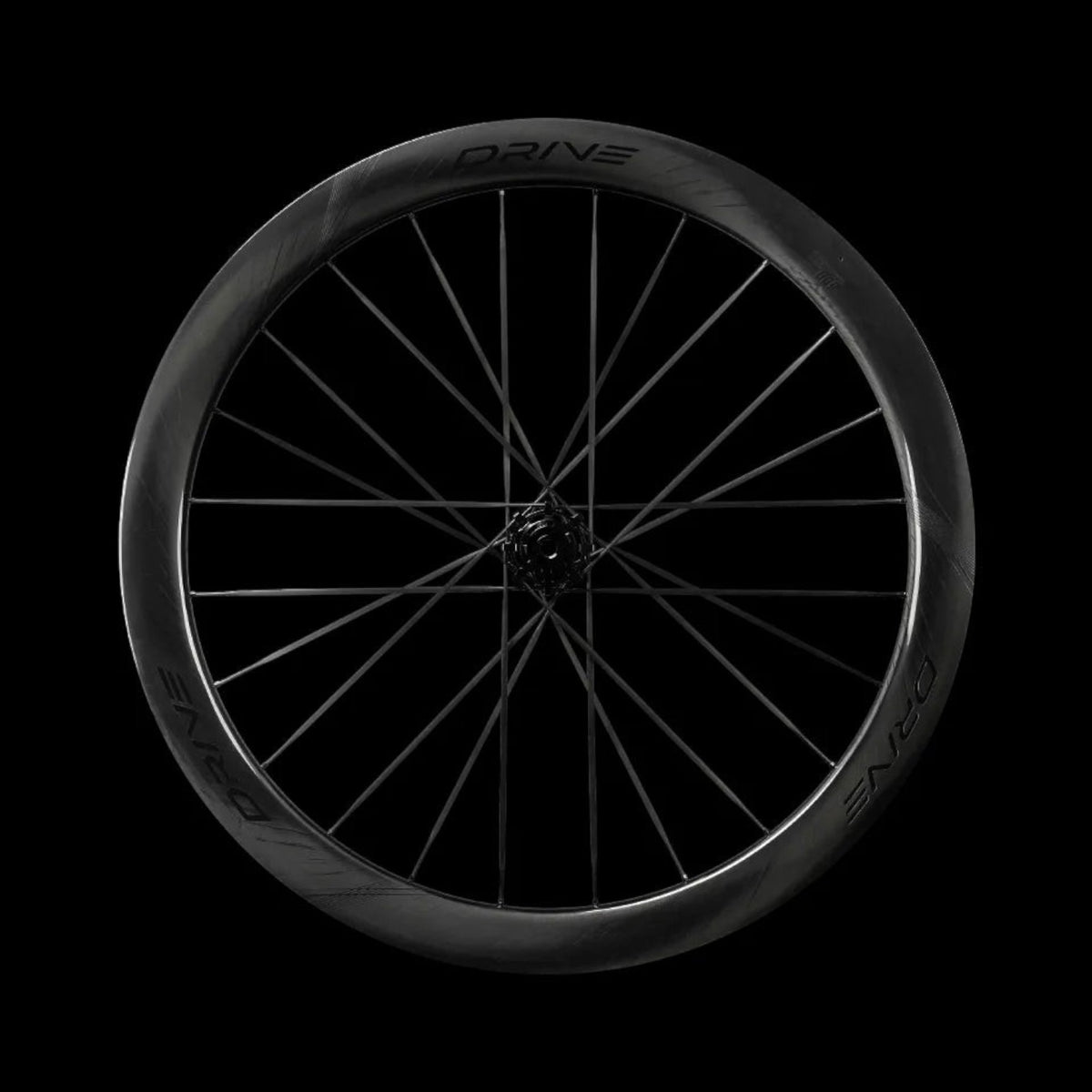 NorVelo Drive 50D II lightweight carbon road bike wheel with aerodynamic U/V-shaped rim profile on black background
