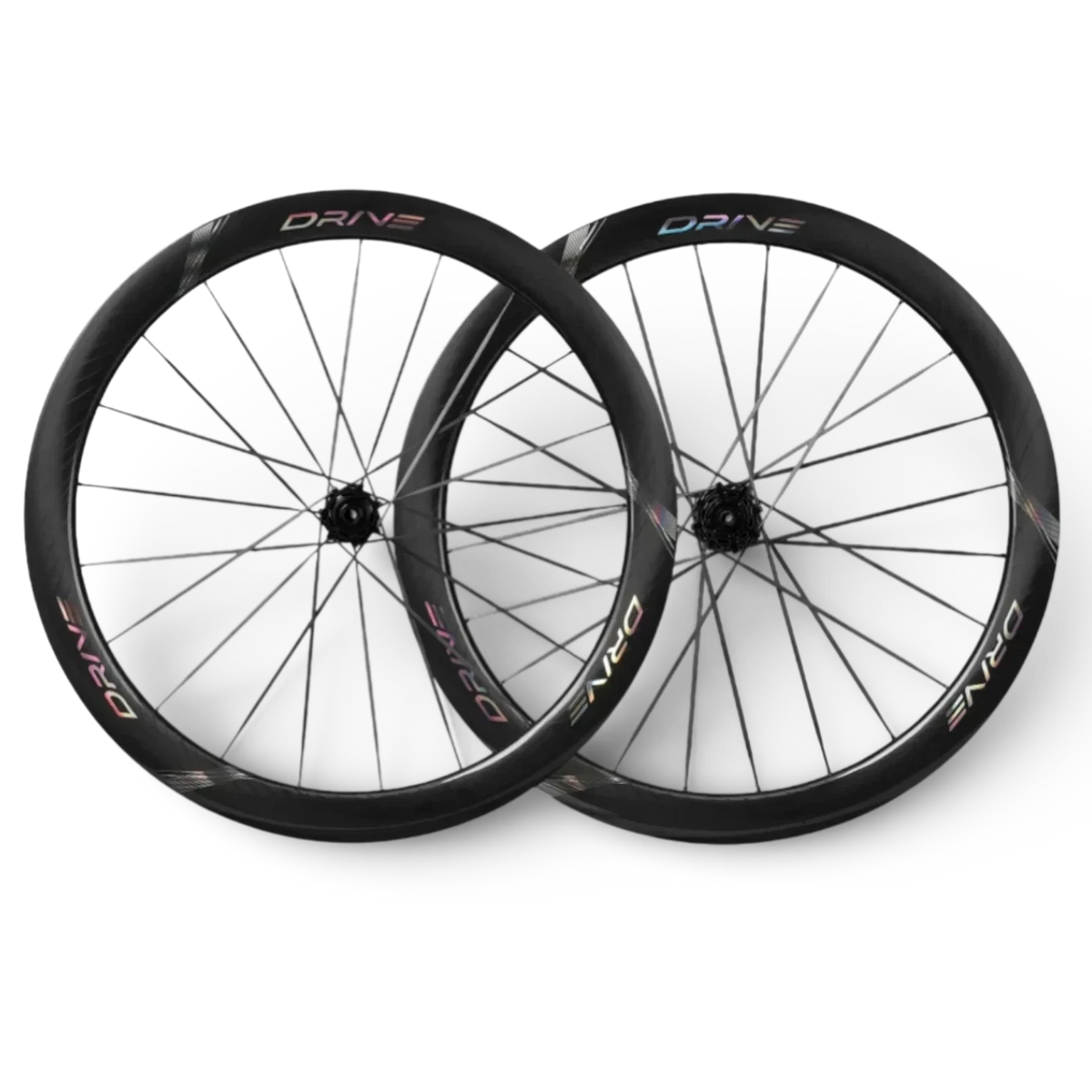 NorVelo Drive 50D II carbon road bike wheelset with aerodynamic U/V-shaped rims and iridescent branding details.