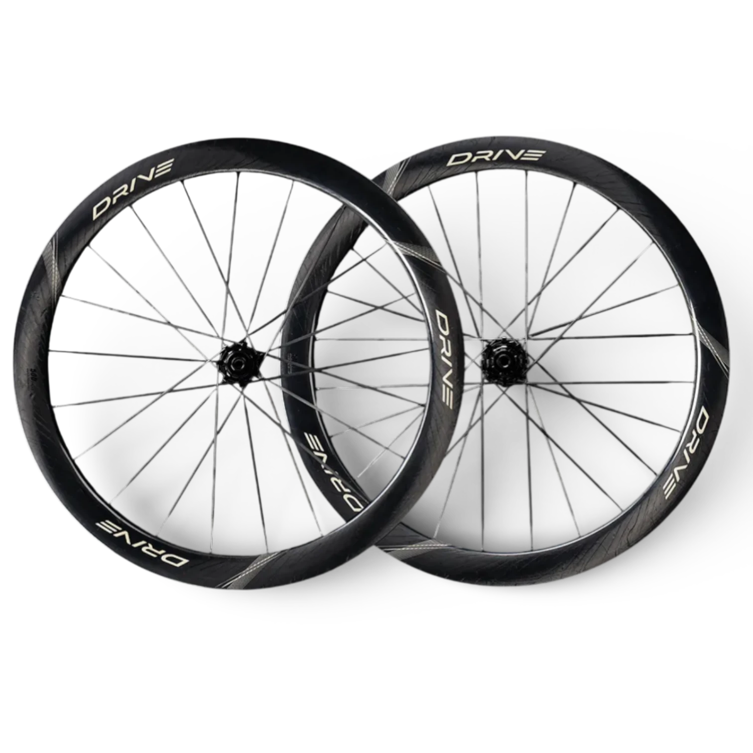 NorVelo Drive 50D II carbon road bike wheelset with a 50mm aerodynamic rim profile and black spokes.