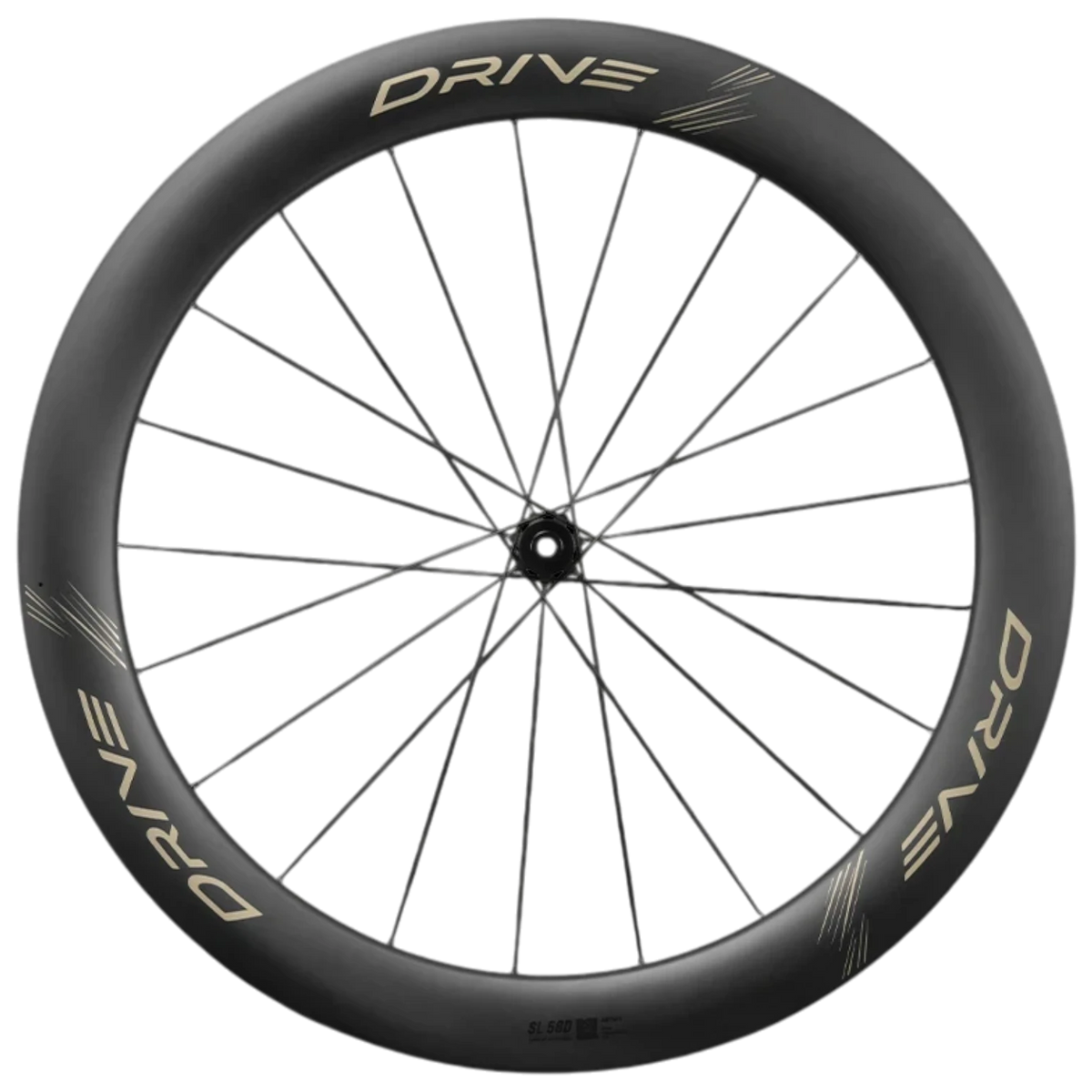 NorVelo Drive SL 58D carbon road bike wheel with deep rim profile and gold branding on a black background