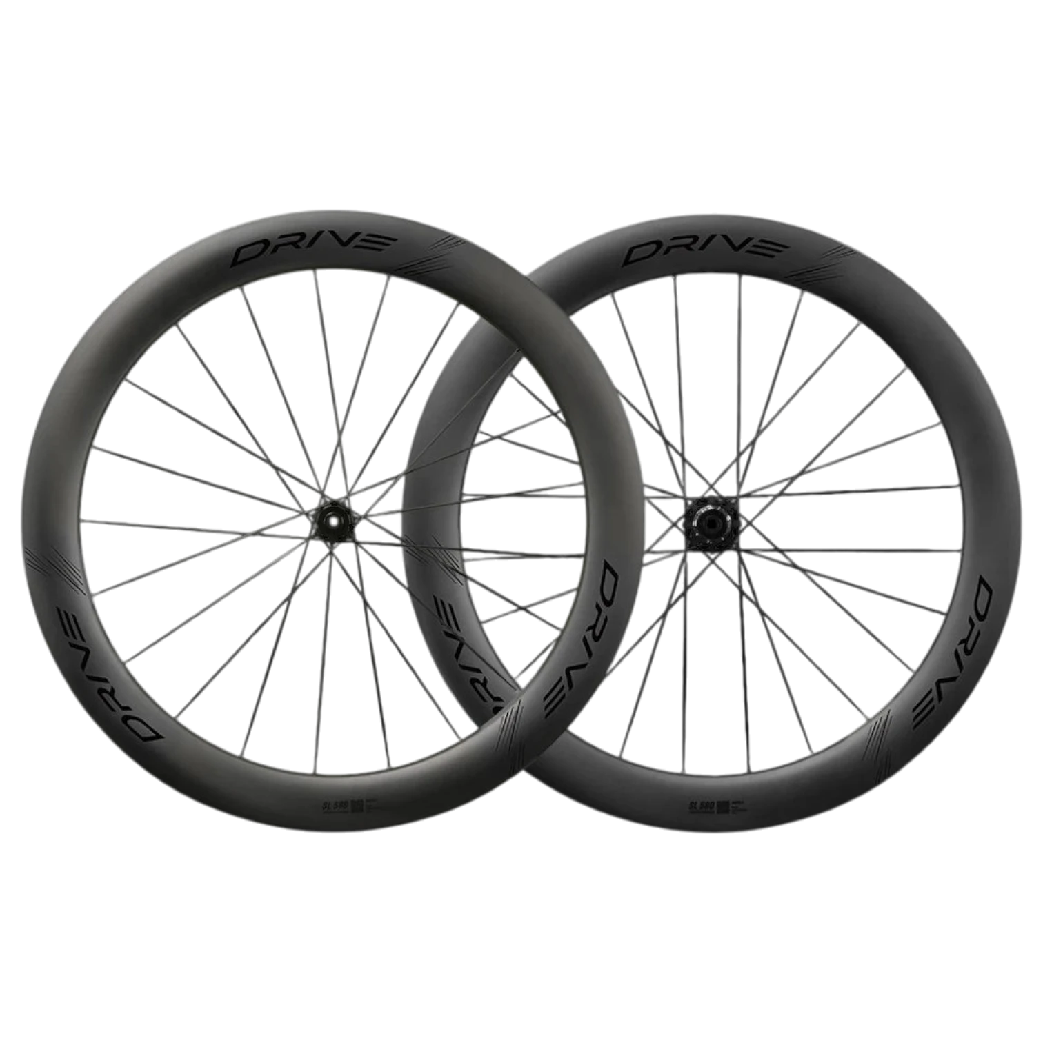 NorVelo Drive SL 58D carbon road bike wheelset with deep section rims and black spokes for aerodynamic performance.