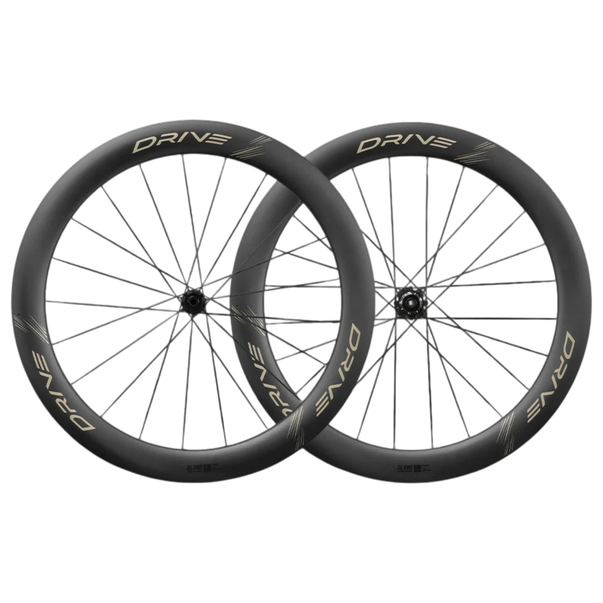 NorVelo Drive SL 58D carbon road bike wheelset with deep-section aerodynamic rims and black spokes.