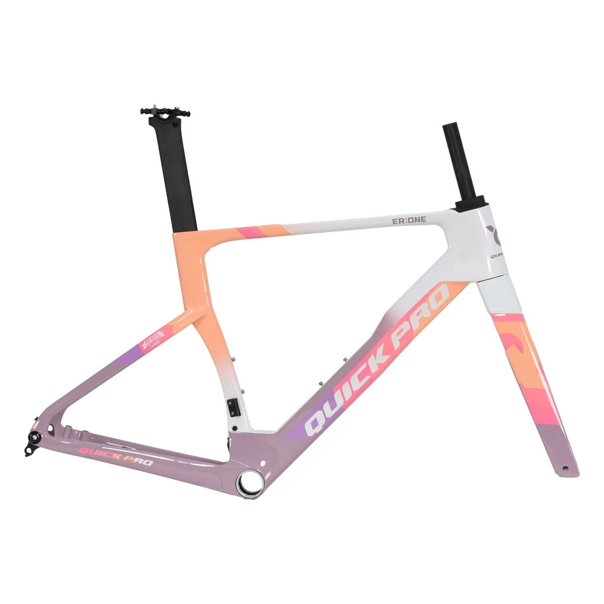 NorVelo ER:ONE carbon road bike frame featuring a custom white, peach, and lavender gradient design with Quick Pro branding
