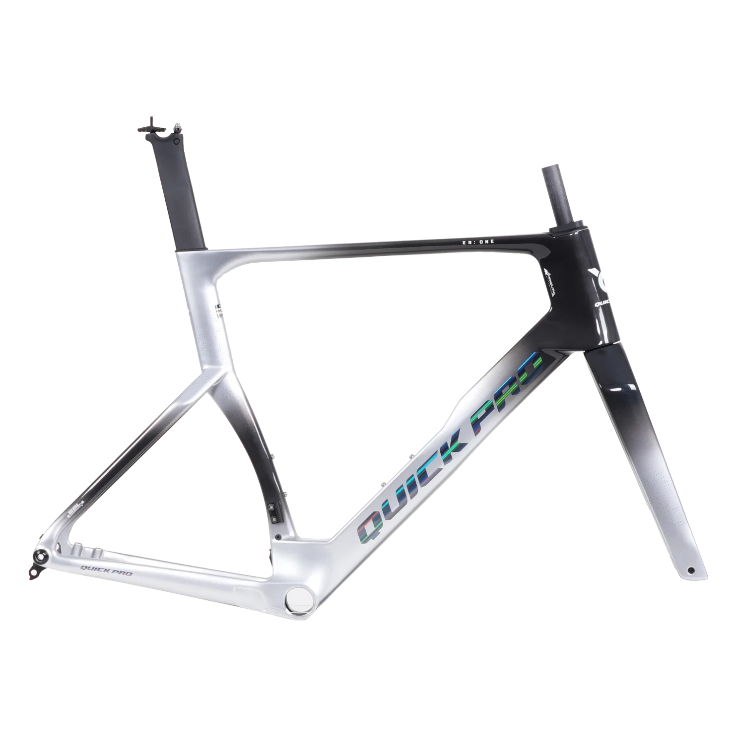 NorVelo ER:ONE carbon road bike frame in a silver and black gradient finish with iridescent Quick Pro branding.