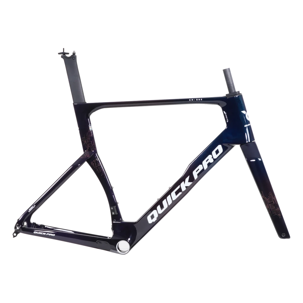 NorVelo ER:ONE carbon road bike frame in dark blue with aerodynamic tube profiles and integrated seat post