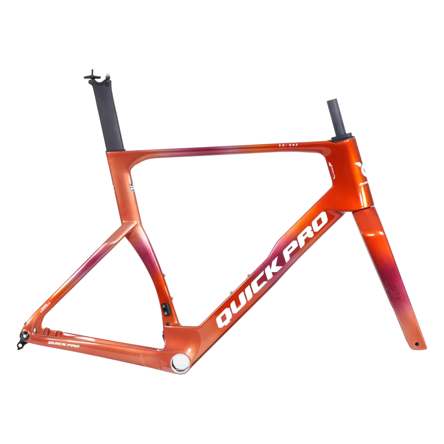 NorVelo ER:ONE carbon road bike frame in a vibrant orange and red gradient finish with aerodynamic tube profiles.