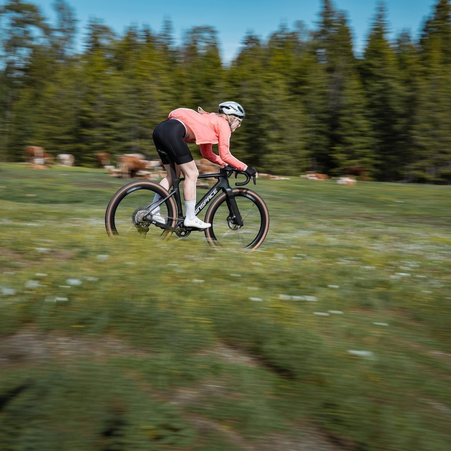 NorVelo G5 Gravel bike in black carbon, ridden by a cyclist in a pink jersey on a grassy field with motion blur.