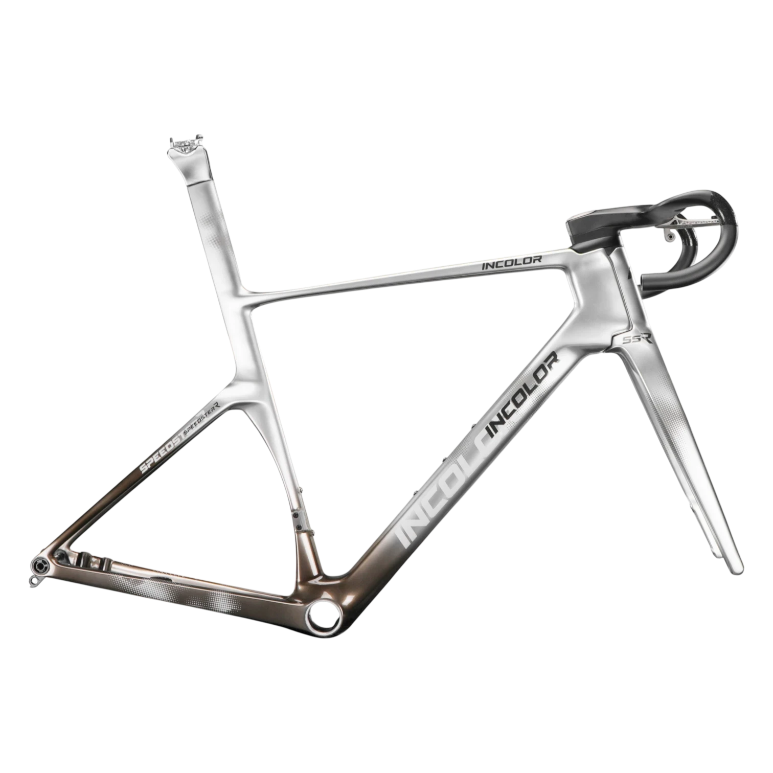 NorVelo INCOLOR SSR carbon road bike frame in a silver and bronze gradient finish with integrated cockpit