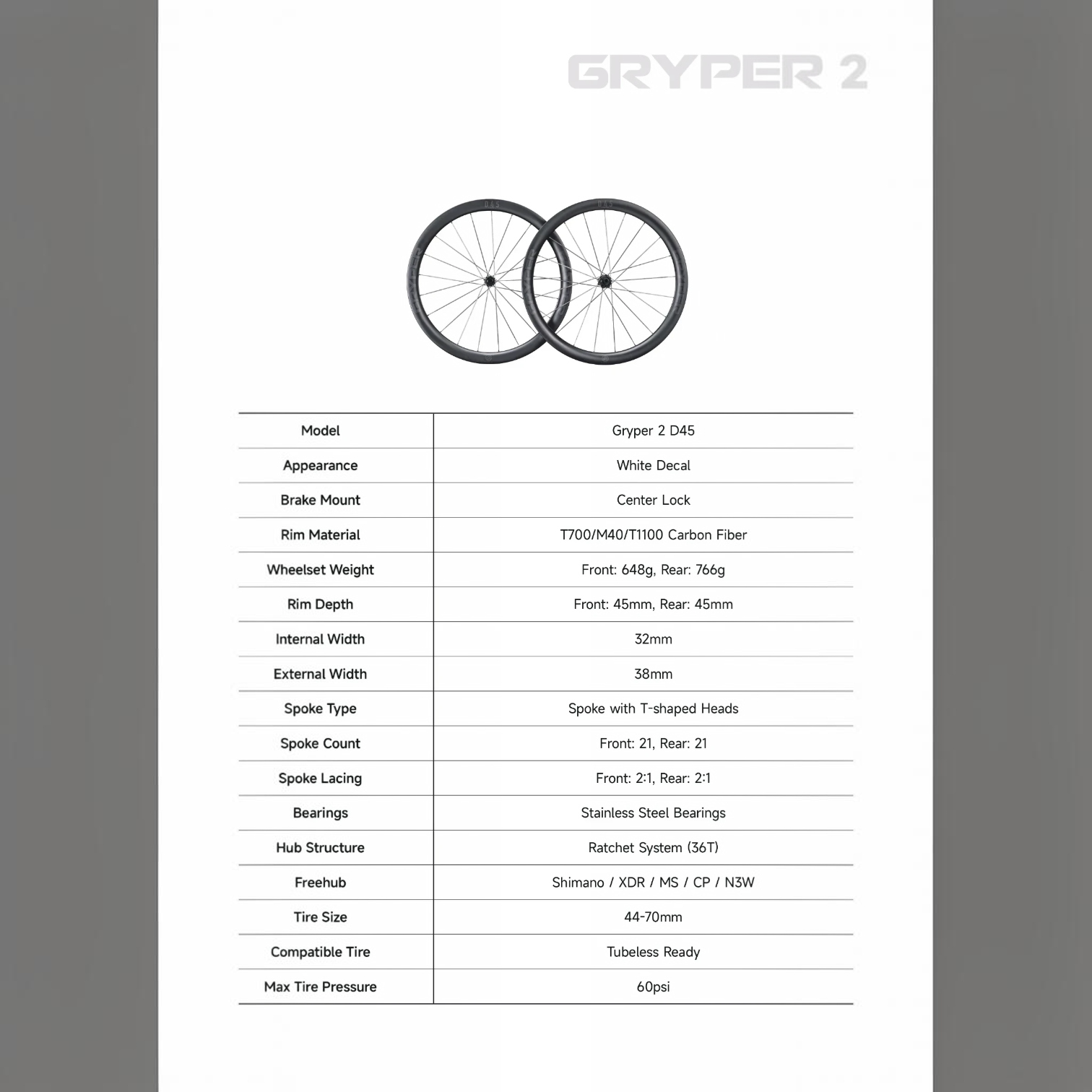 NorVelo Lún Gryper 2 carbon gravel wheelset with 45mm rim depth and technical specifications table