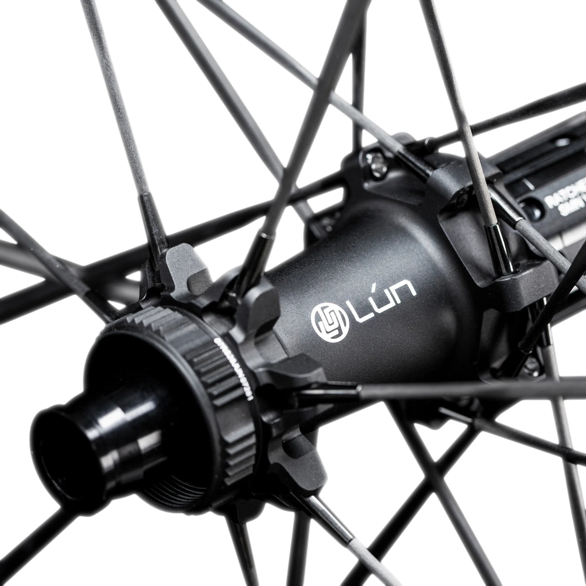 NorVelo Lún Gryper 2 gravel bike wheel hub with black spokes and branded center detail