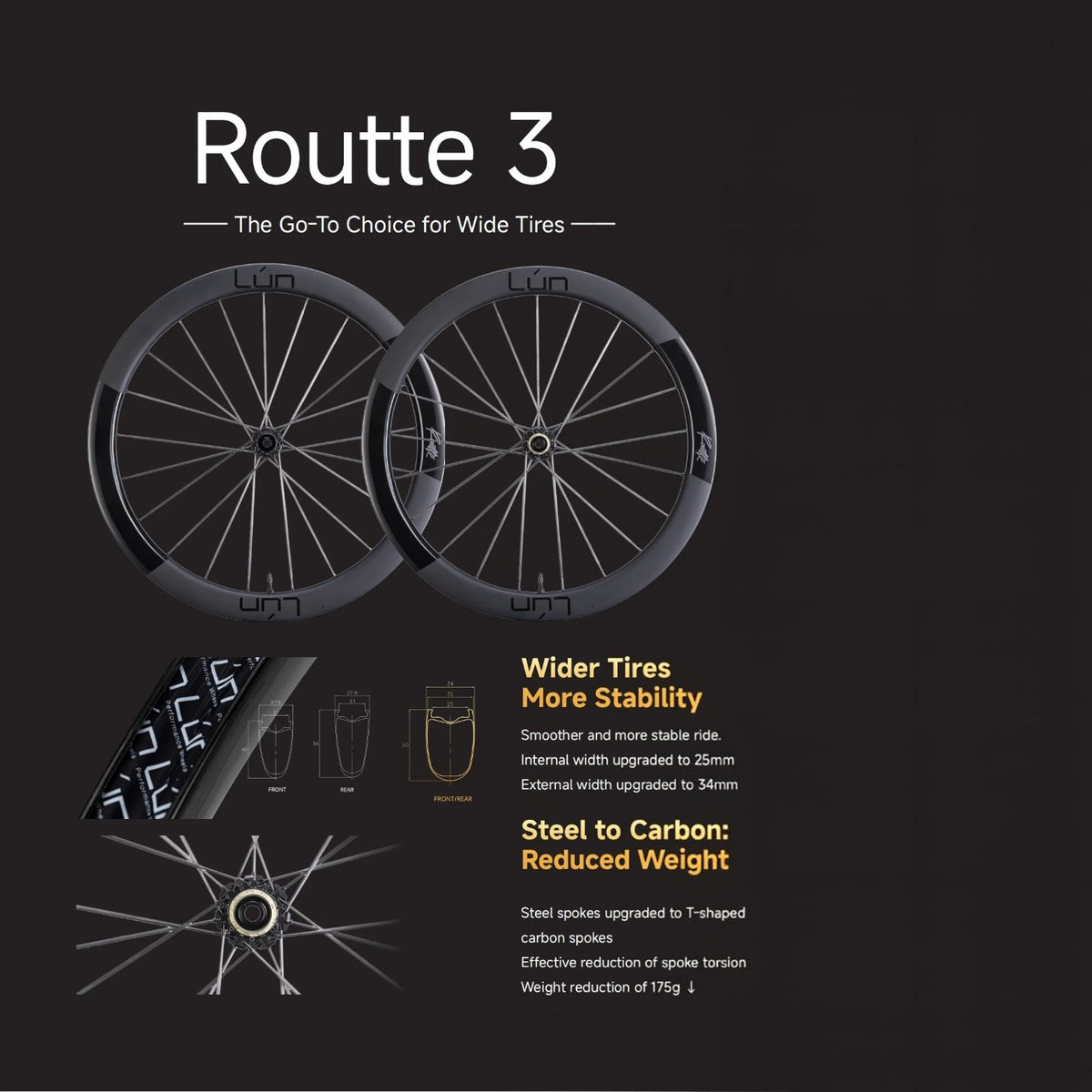 NorVelo Lún Routte 3 carbon road bike wheelset featuring 50mm deep rims and lightweight T-shaped carbon spokes.