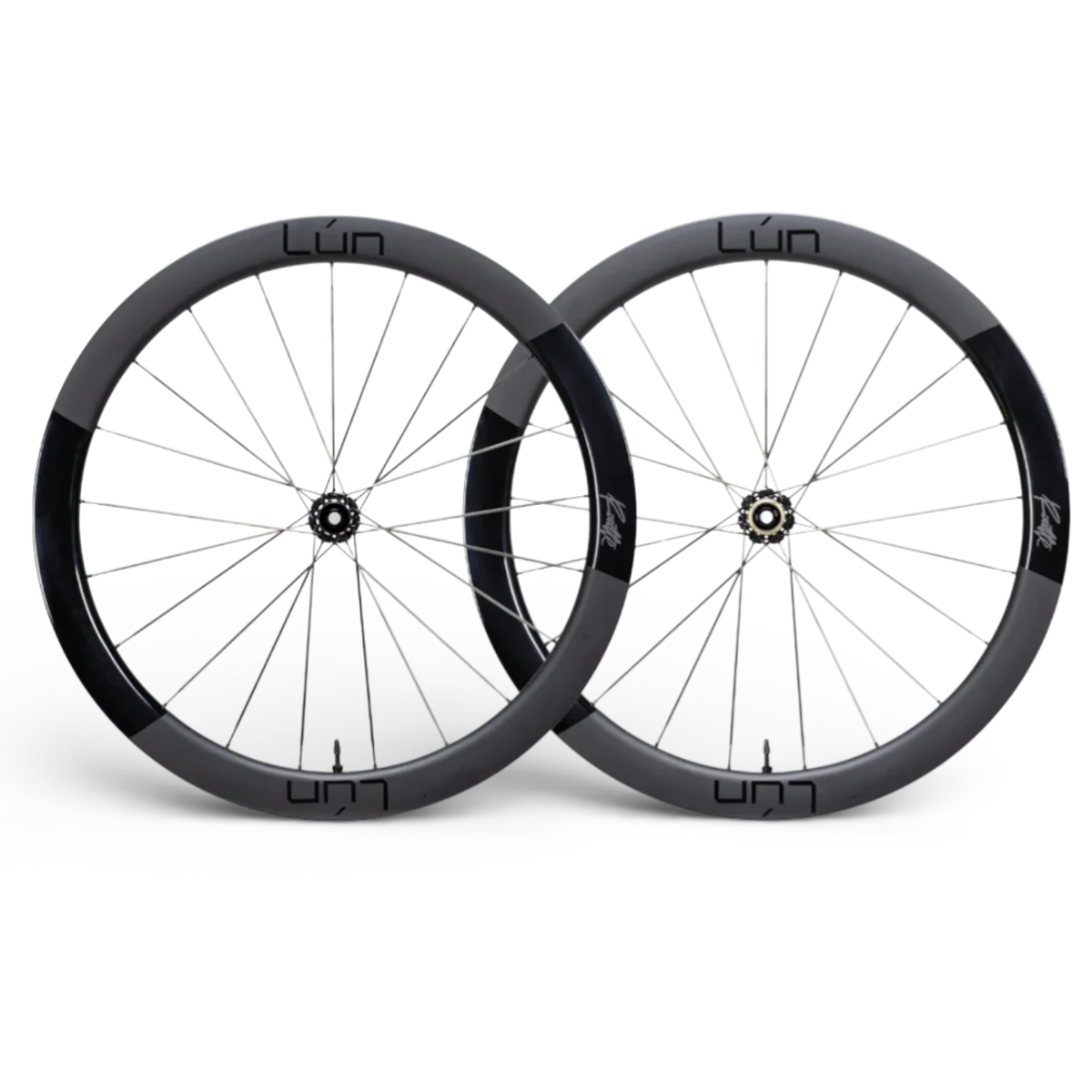 NorVelo Lún Routte 3 carbon road bike wheelset with 50mm deep rims and aerodynamic spokes on a white background