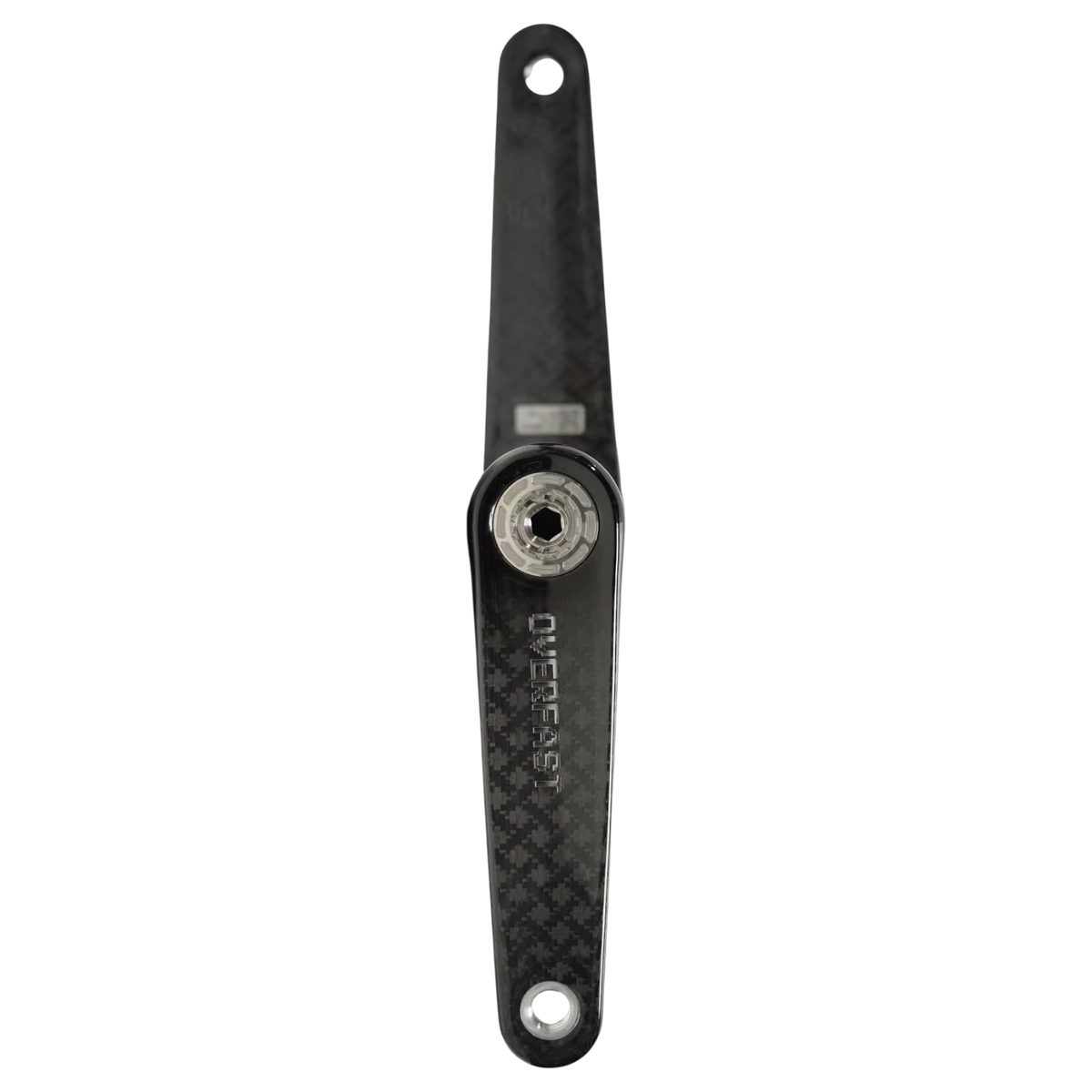 NorVelo Overfast lightweight carbon fiber bicycle crank arm with a glossy weave finish and metallic center detail.