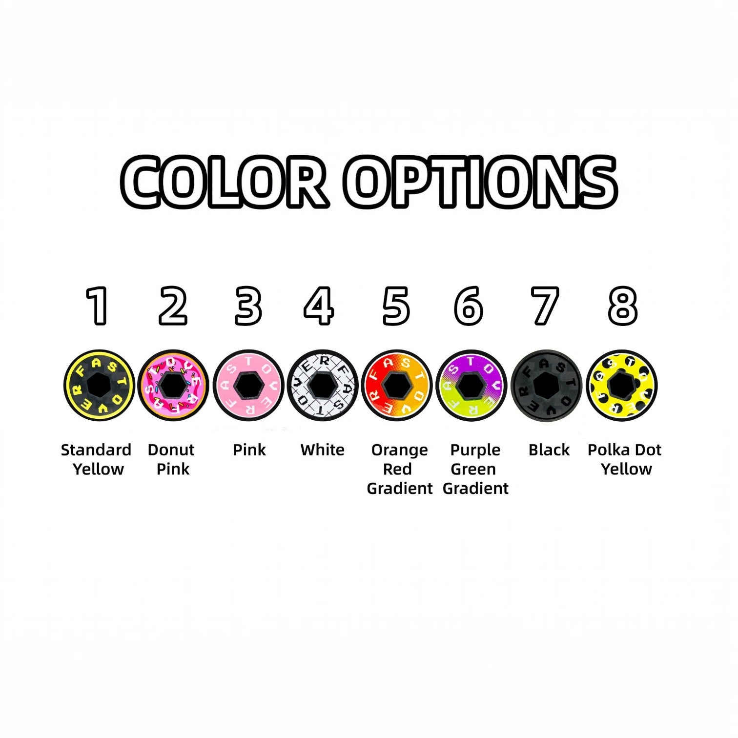 NorVelo OVERFAST ultralight thru axle color options including yellow, pink, white, orange, purple, and black designs.