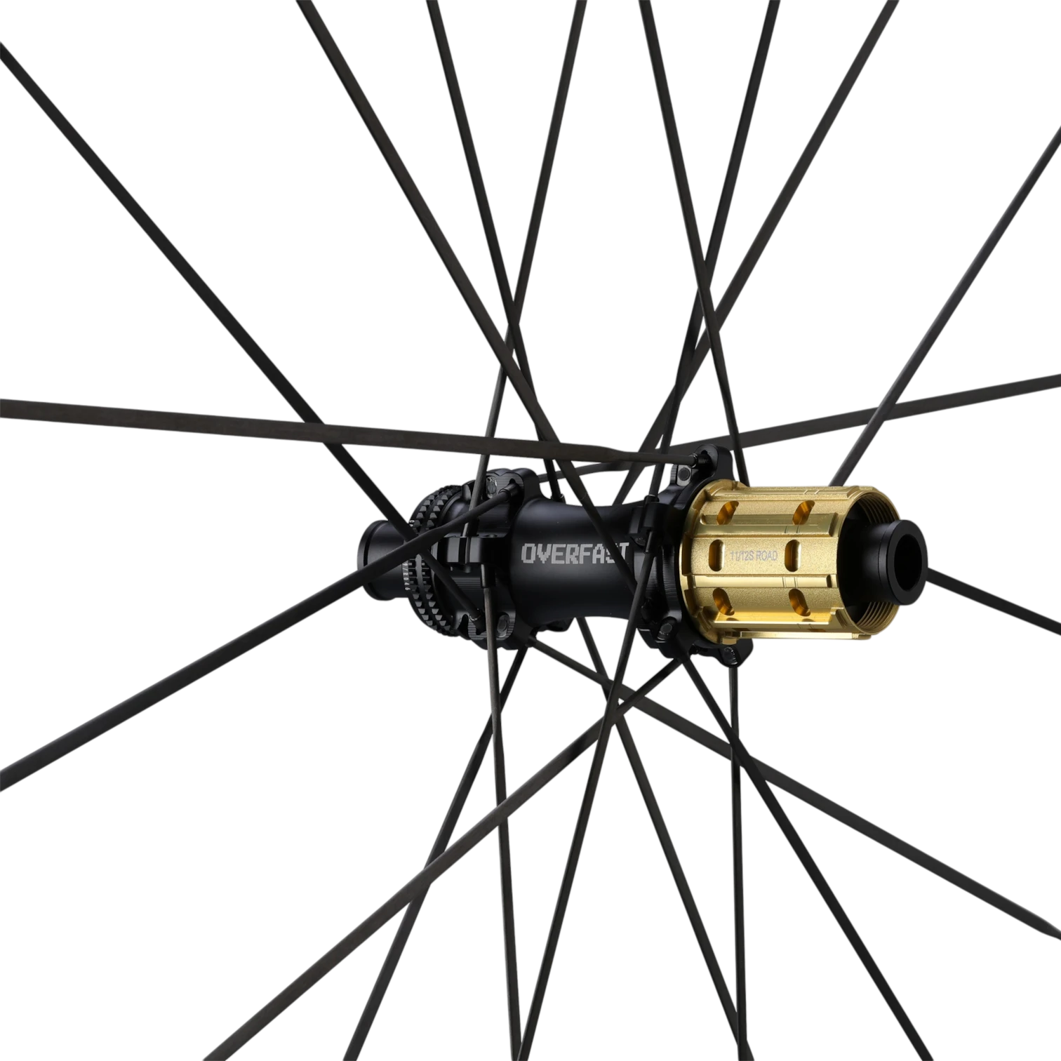 NorVelo Overfast Ultralight 50 MM carbon road bike wheel hub with black spokes and gold freehub body