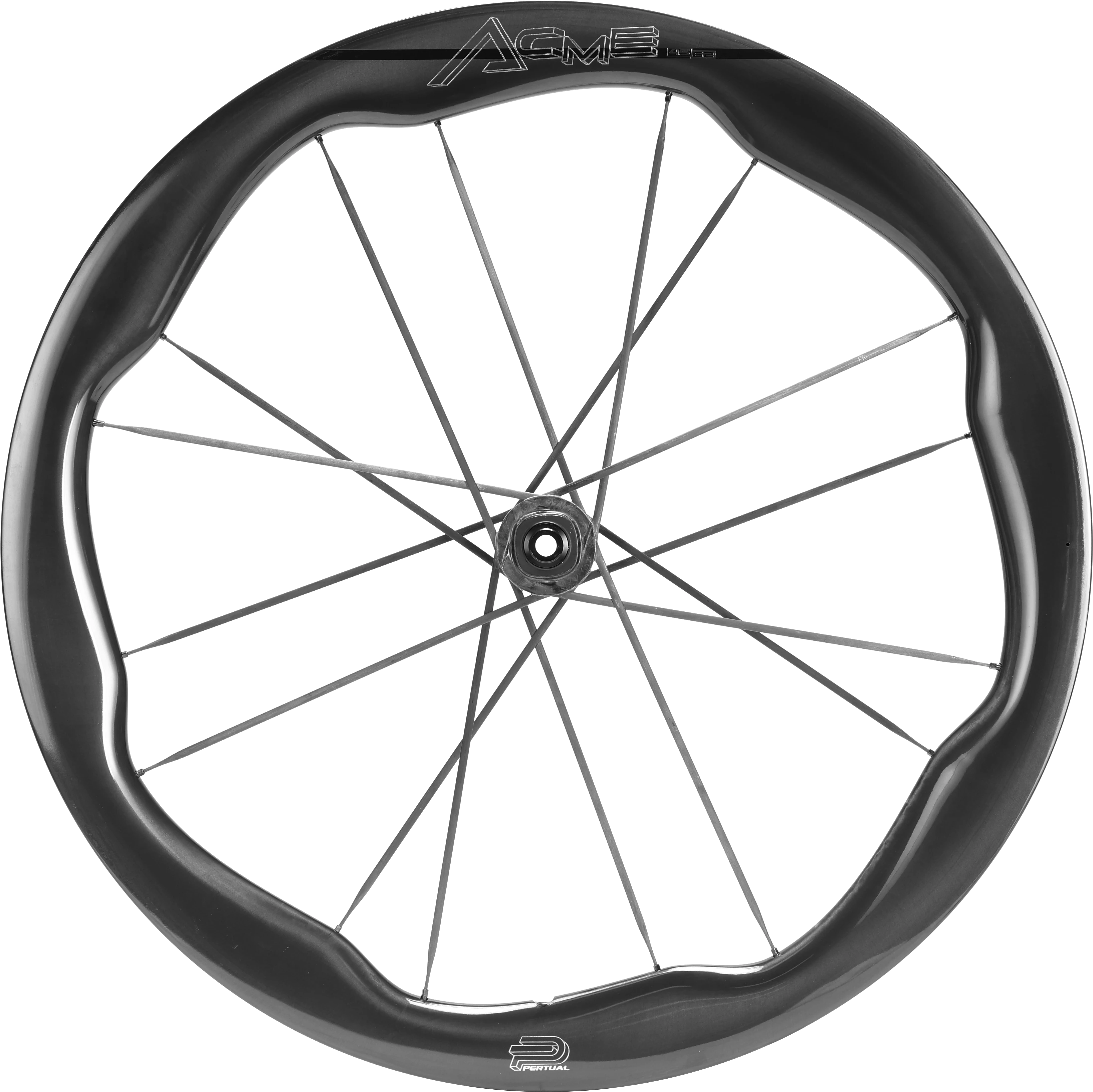 NorVelo Pertual ACME carbon road bike wheel with a 45/62mm wavy rim profile and integrated carbon spokes.