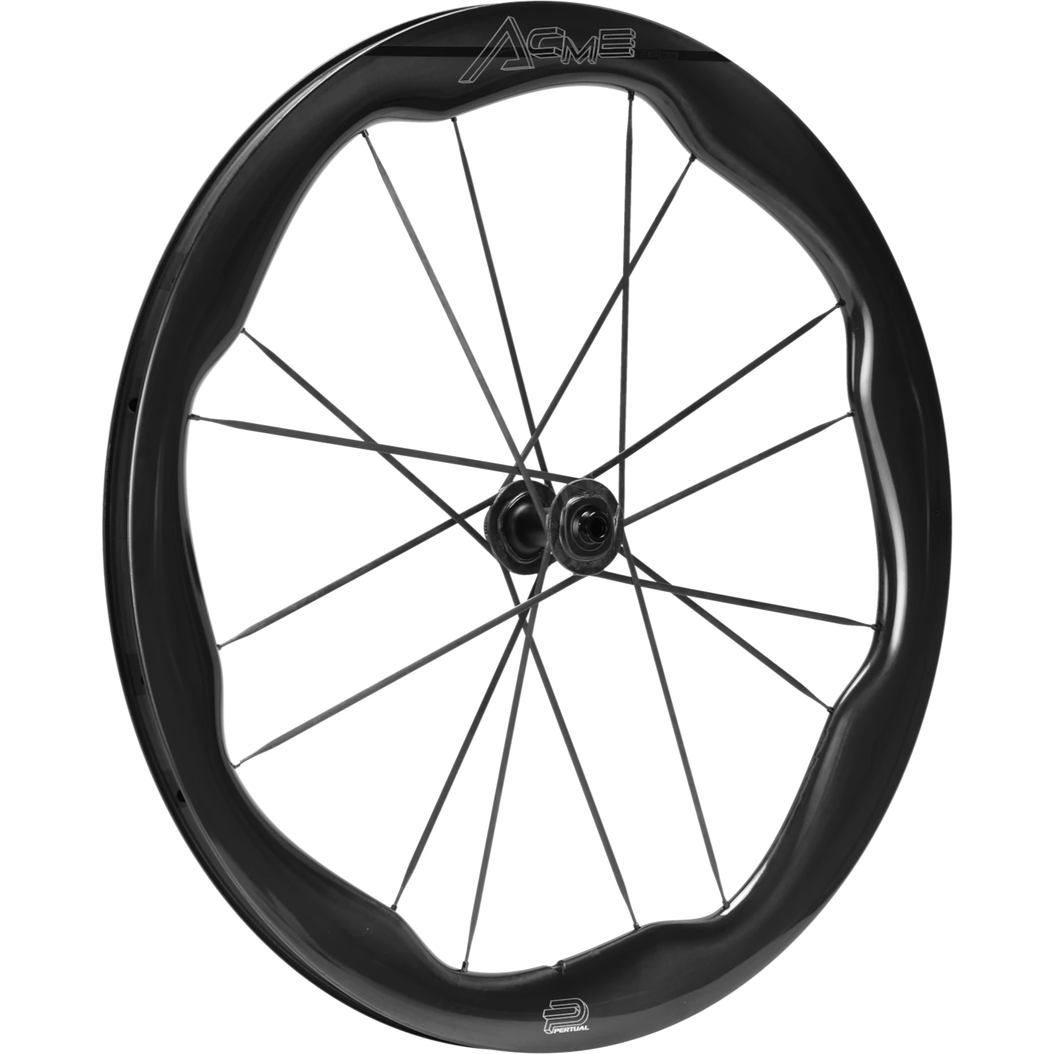 NorVelo Pertual ACME carbon road bike wheel with a 45/62mm rim profile, integrated carbon spokes, and disc brake hub.