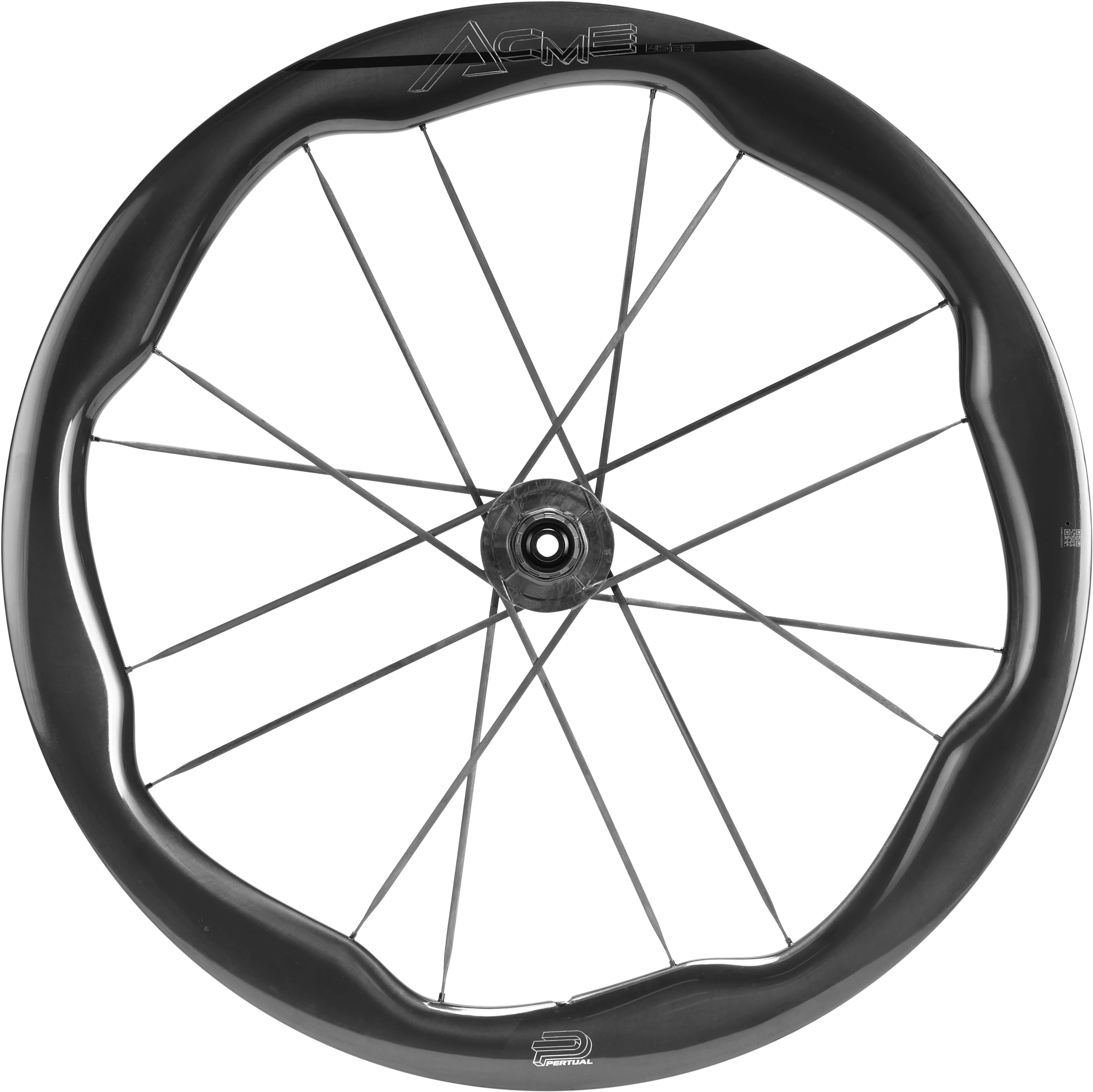 NorVelo Pertual ACME carbon road bike wheel with a wavy aerodynamic rim profile and integrated carbon spokes.