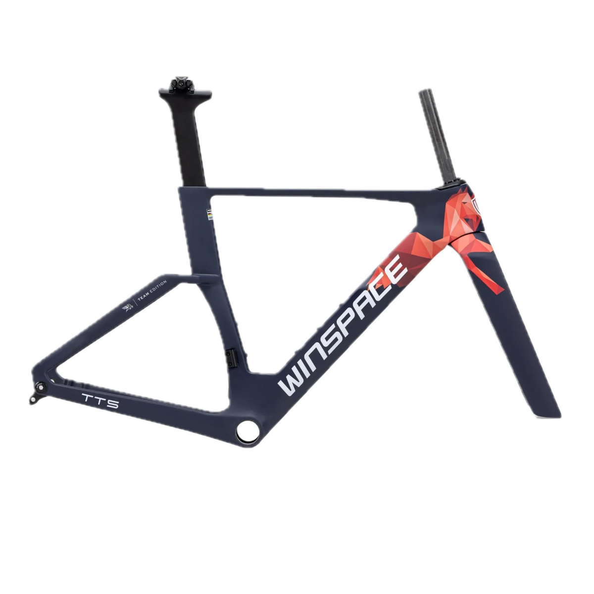 NorVelo Winspace TT5 carbon time trial frameset with aerodynamic dark blue and geometric red pattern design