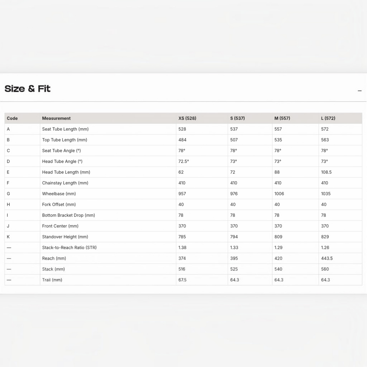 NorVelo TR:ONE triathlon bike geometry and size chart showing measurements for XS, S, M, and L frame sizes.