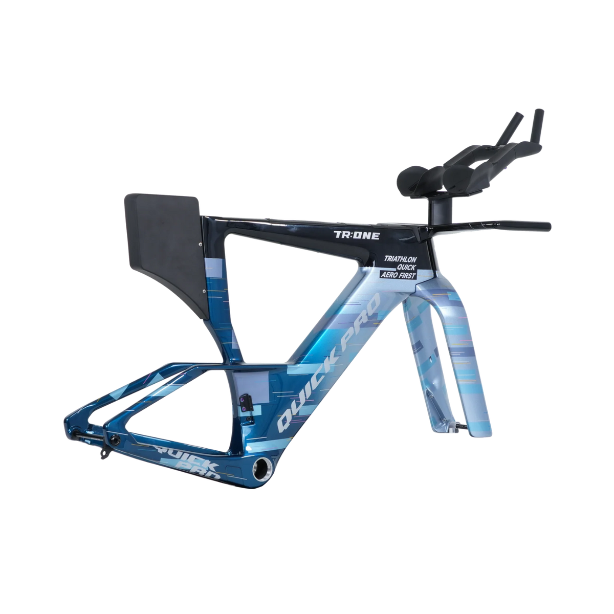 NorVelo TR:ONE triathlon bike frame in blue with aerodynamic design and Quick Pro branding on a white background.