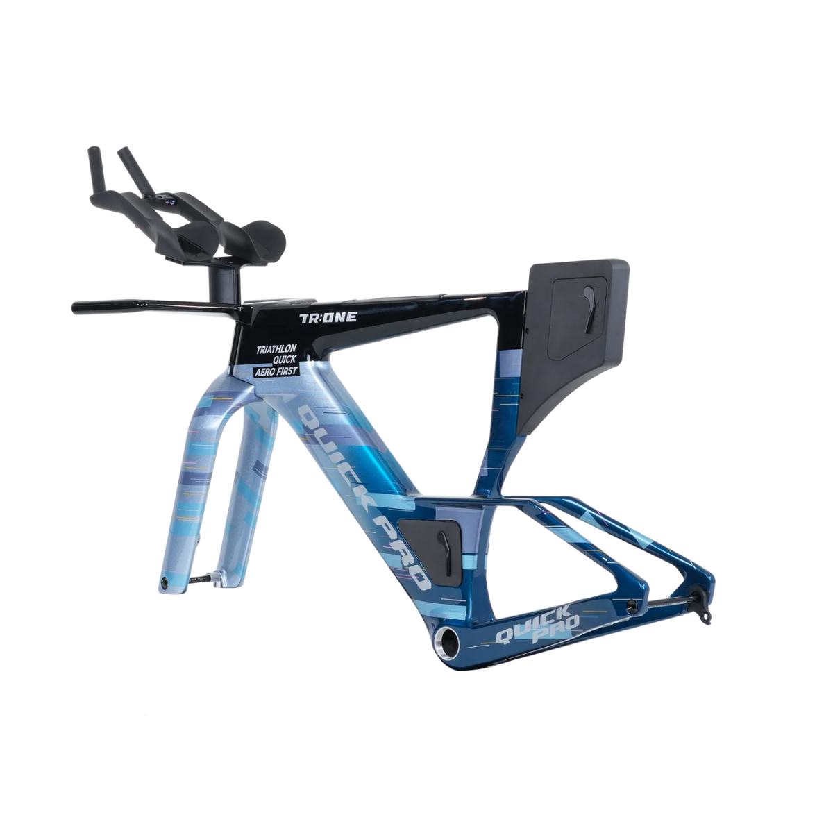 NorVelo TR:ONE triathlon bike frame in blue with aerodynamic carbon fiber design and integrated aero bars