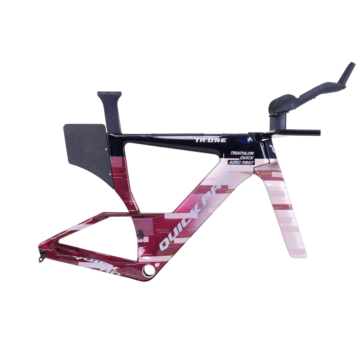 NorVelo TR:ONE triathlon bike frame in a maroon and white gradient design with aerodynamic carbon fiber construction.