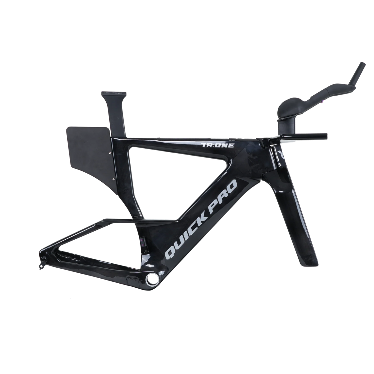 NorVelo TR:ONE triathlon bike frame in glossy black carbon fiber with integrated aerodynamic design features.