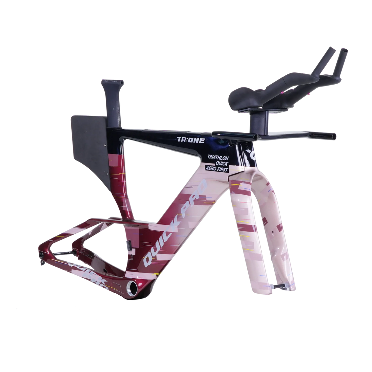 NorVelo TR:ONE triathlon bike frame in a burgundy and white geometric pattern with aerodynamic carbon design