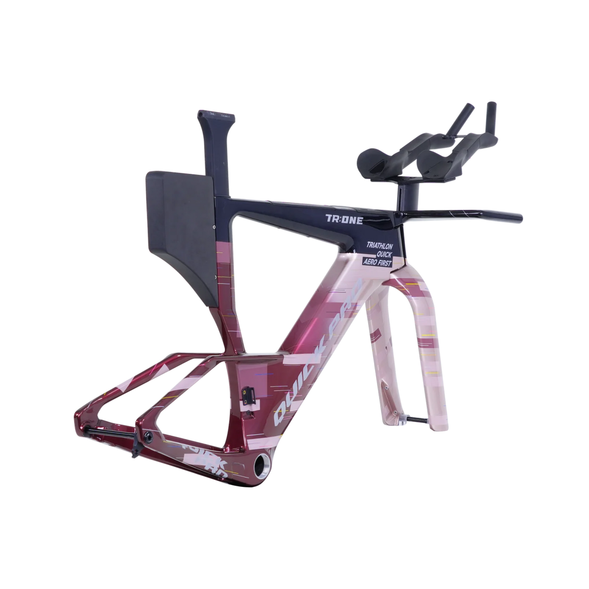 NorVelo TR:ONE triathlon bike frame in a gradient burgundy and white geometric pattern with aerodynamic design
