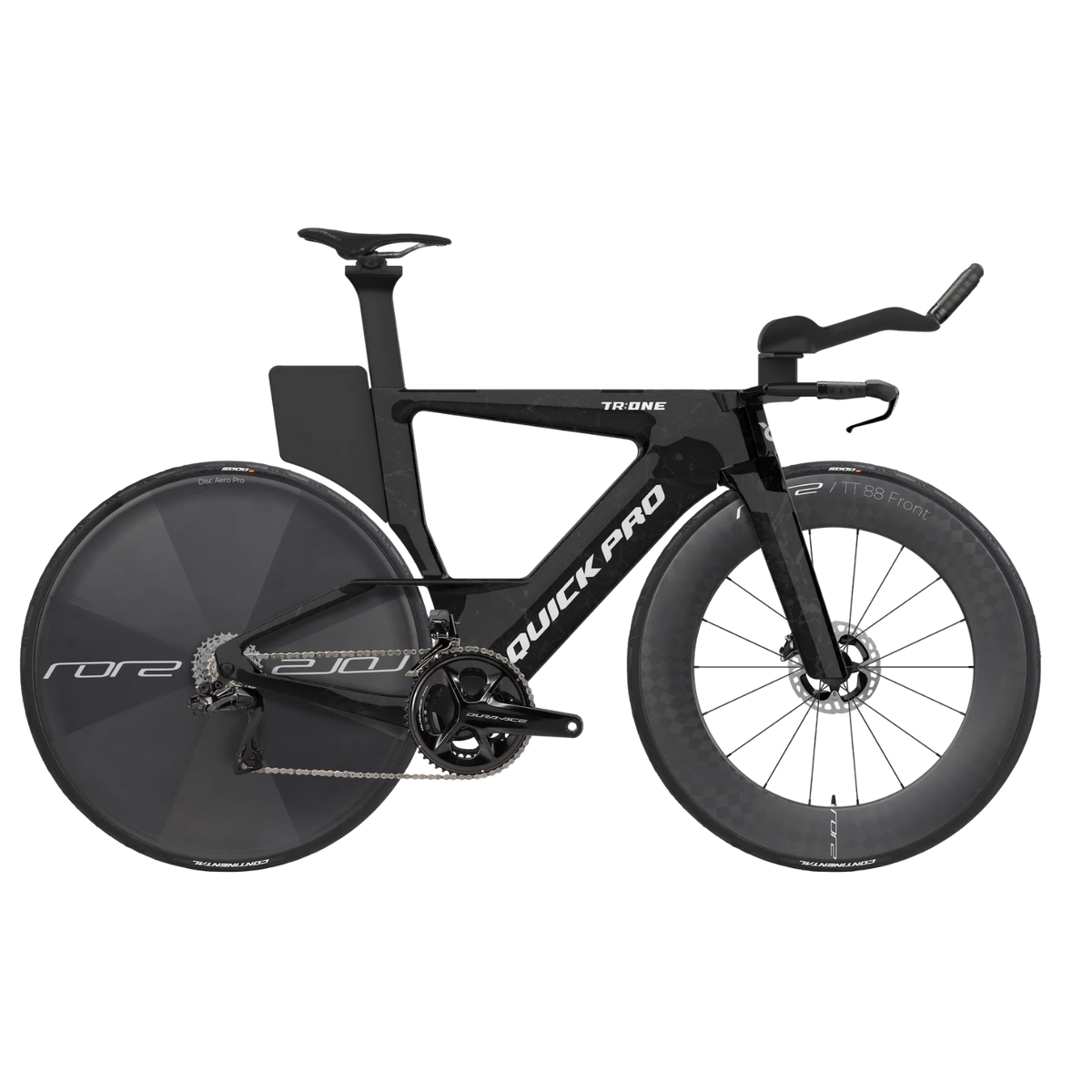 NorVelo TR:ONE triathlon bike in matte black with aerodynamic carbon frame, disc rear wheel, and aero handlebars.