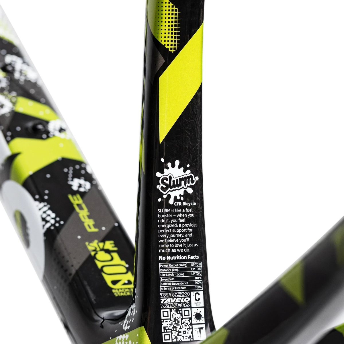 NorVelo Arden carbon road bike frame in black with neon yellow and white graphic details on the seat tube