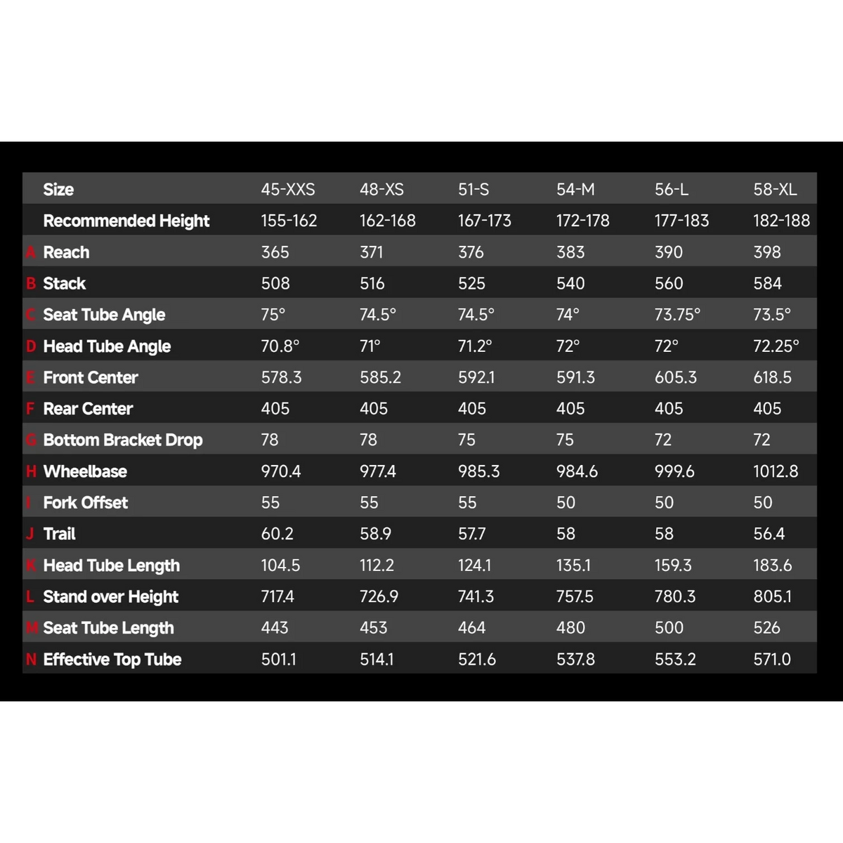 NorVelo AROW road bike geometry and sizing chart table for sizes 45-XXS to 58-XL with detailed measurements