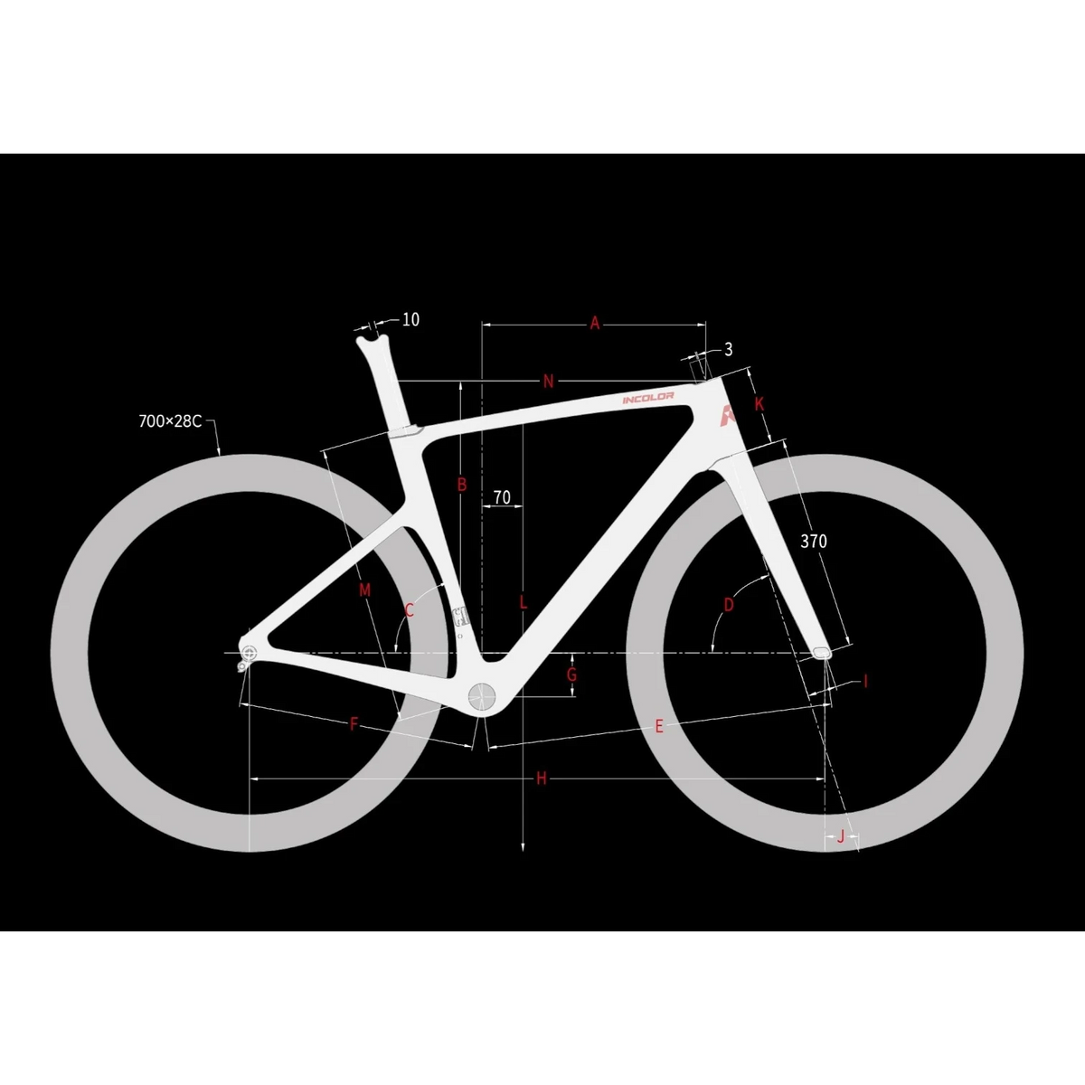 NorVelo AROW road bike frame geometry diagram with technical measurements and specifications on a black background