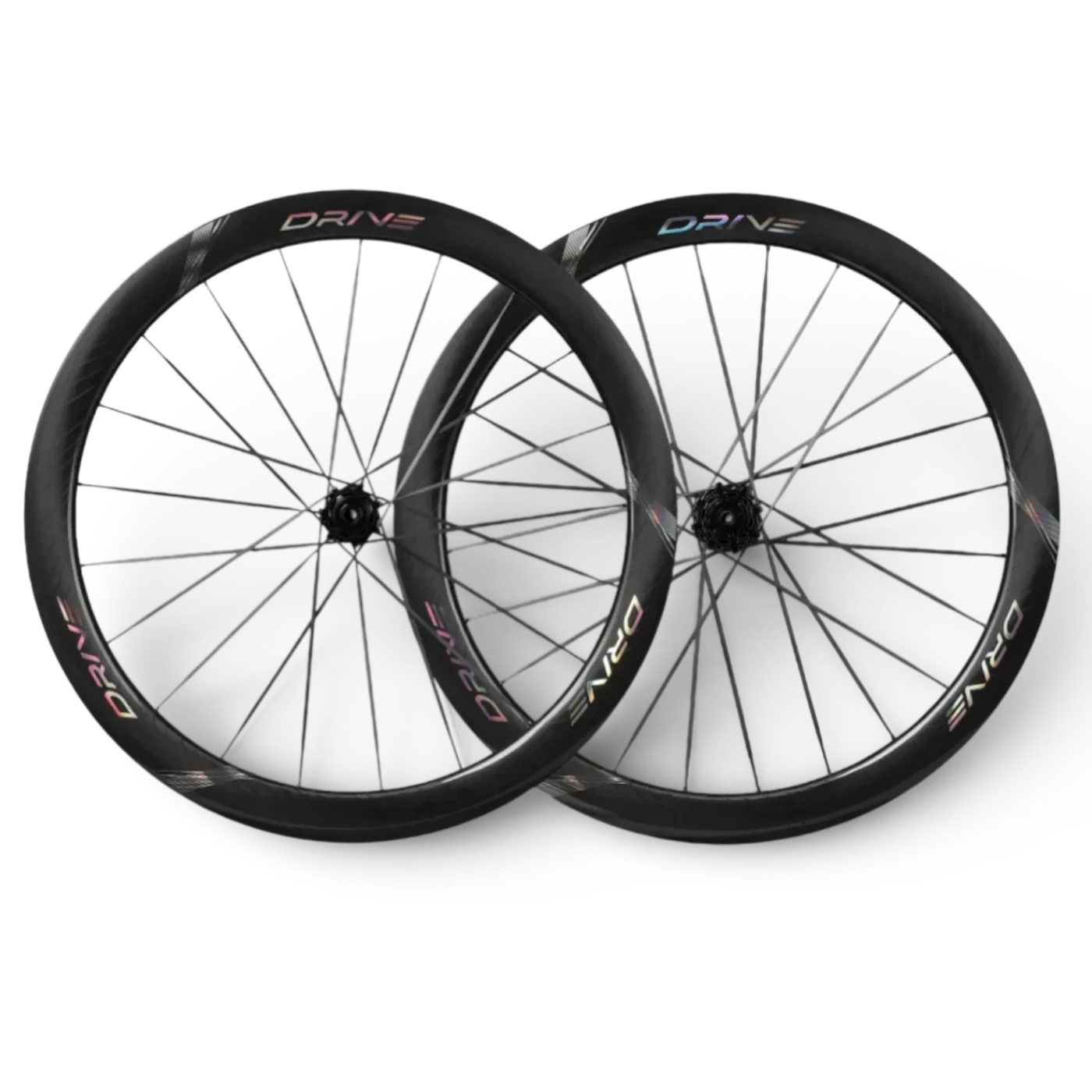 NorVelo Drive 50D II carbon road bike wheelset with aerodynamic U/V-shaped rims and iridescent branding details.
