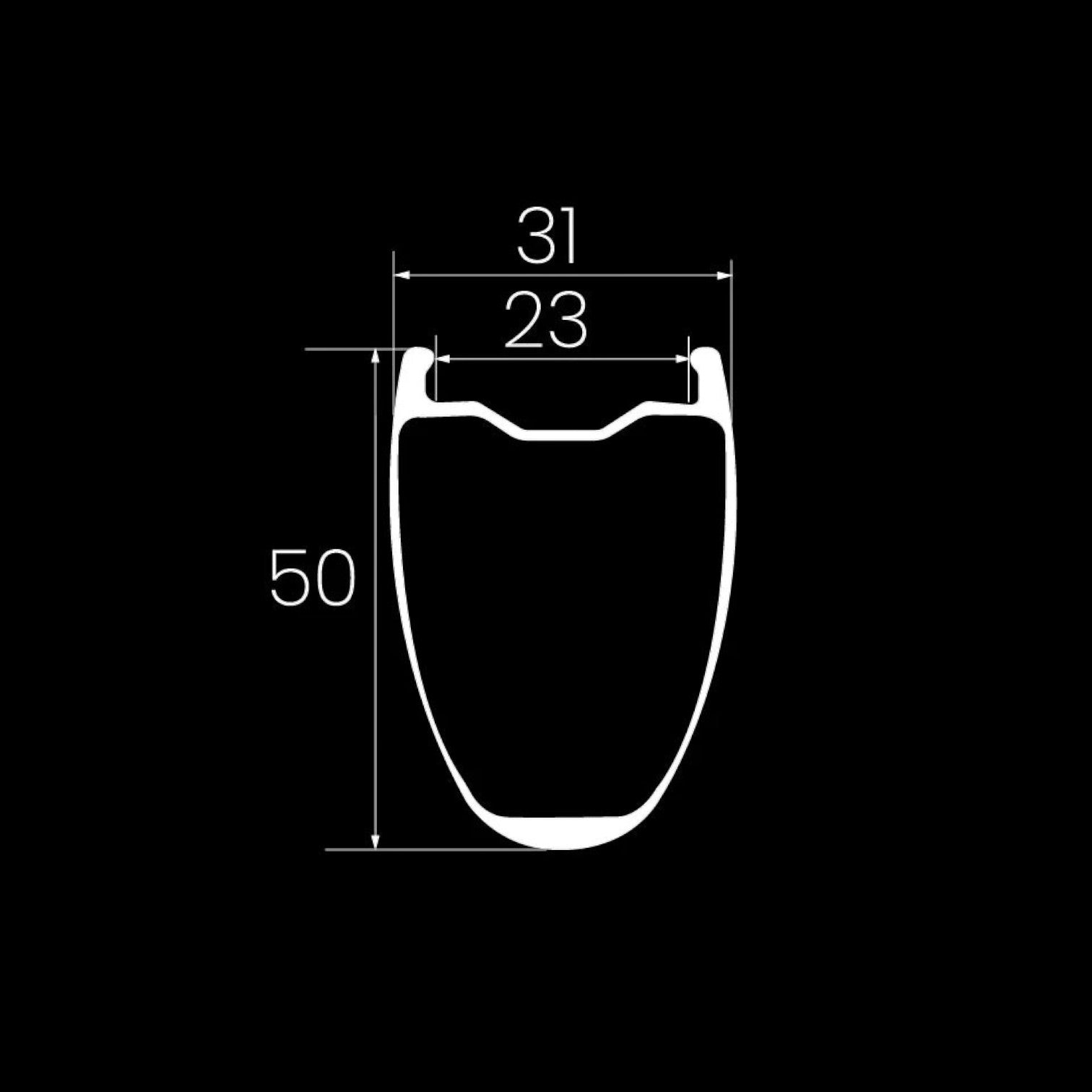 NorVelo Drive 50D II carbon road bike wheel rim profile diagram showing 50mm depth and 23mm internal width