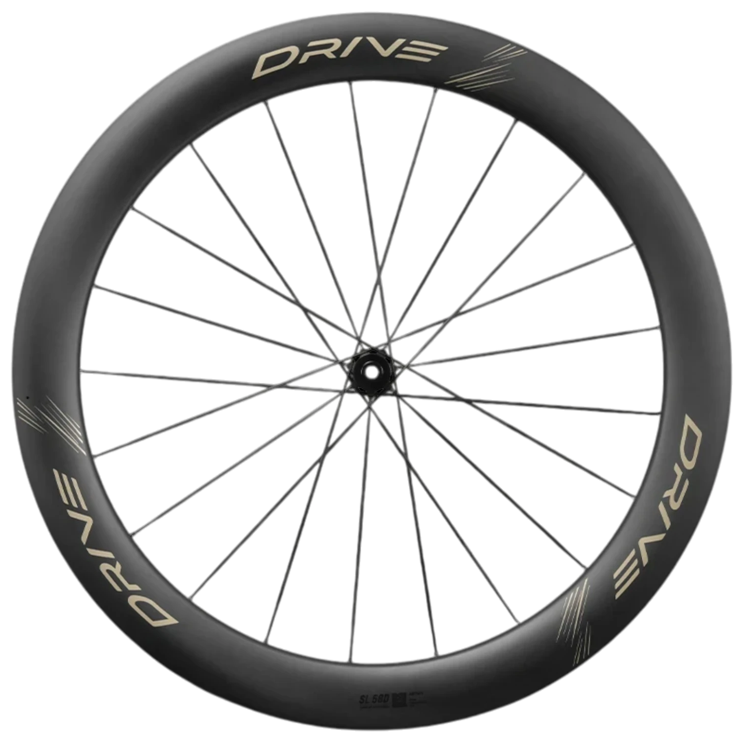 NorVelo Drive SL 58D carbon road bike wheel with deep rim profile and gold branding on a black background