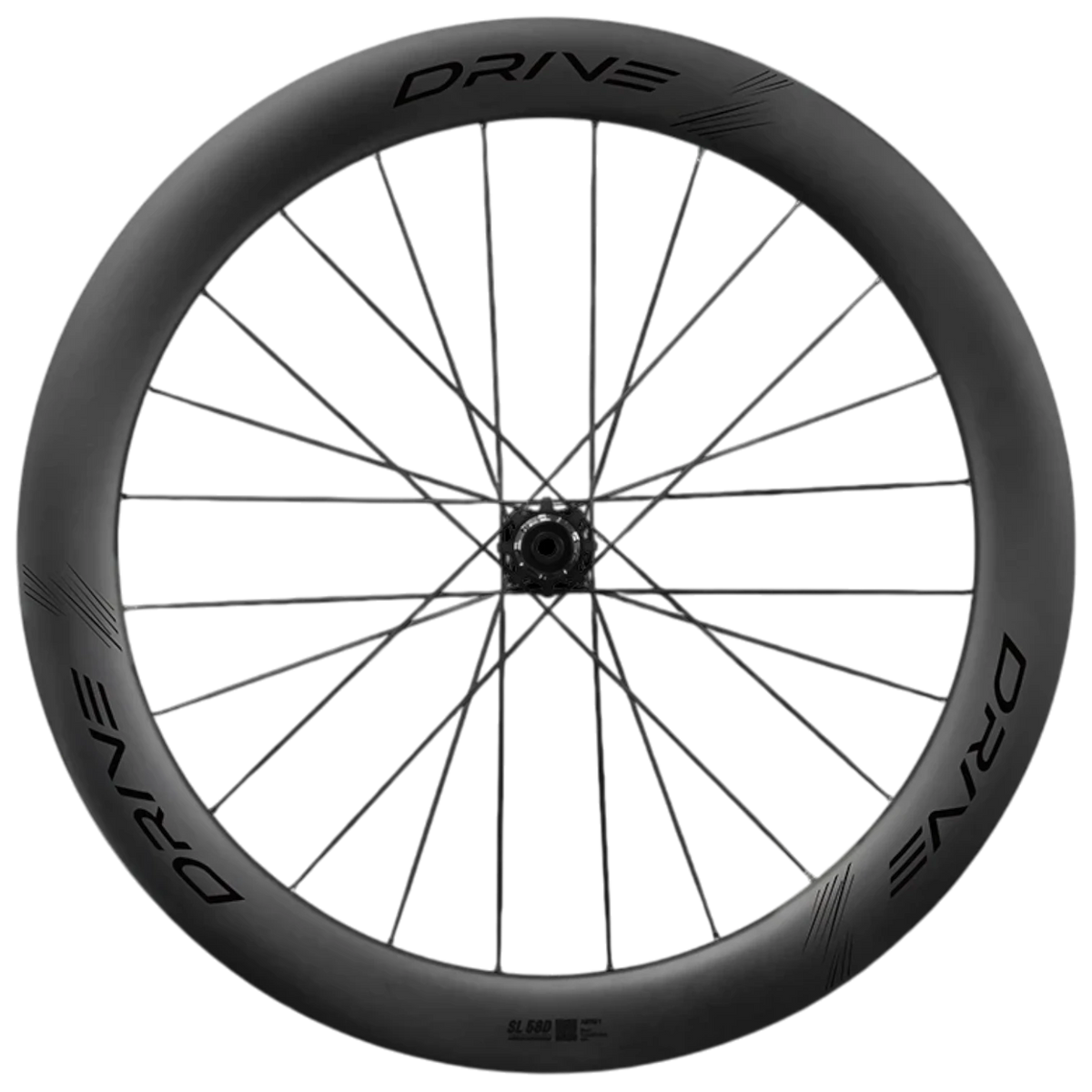 NorVelo Drive SL 58D carbon road bike wheel with deep rim profile and black spokes on a white background