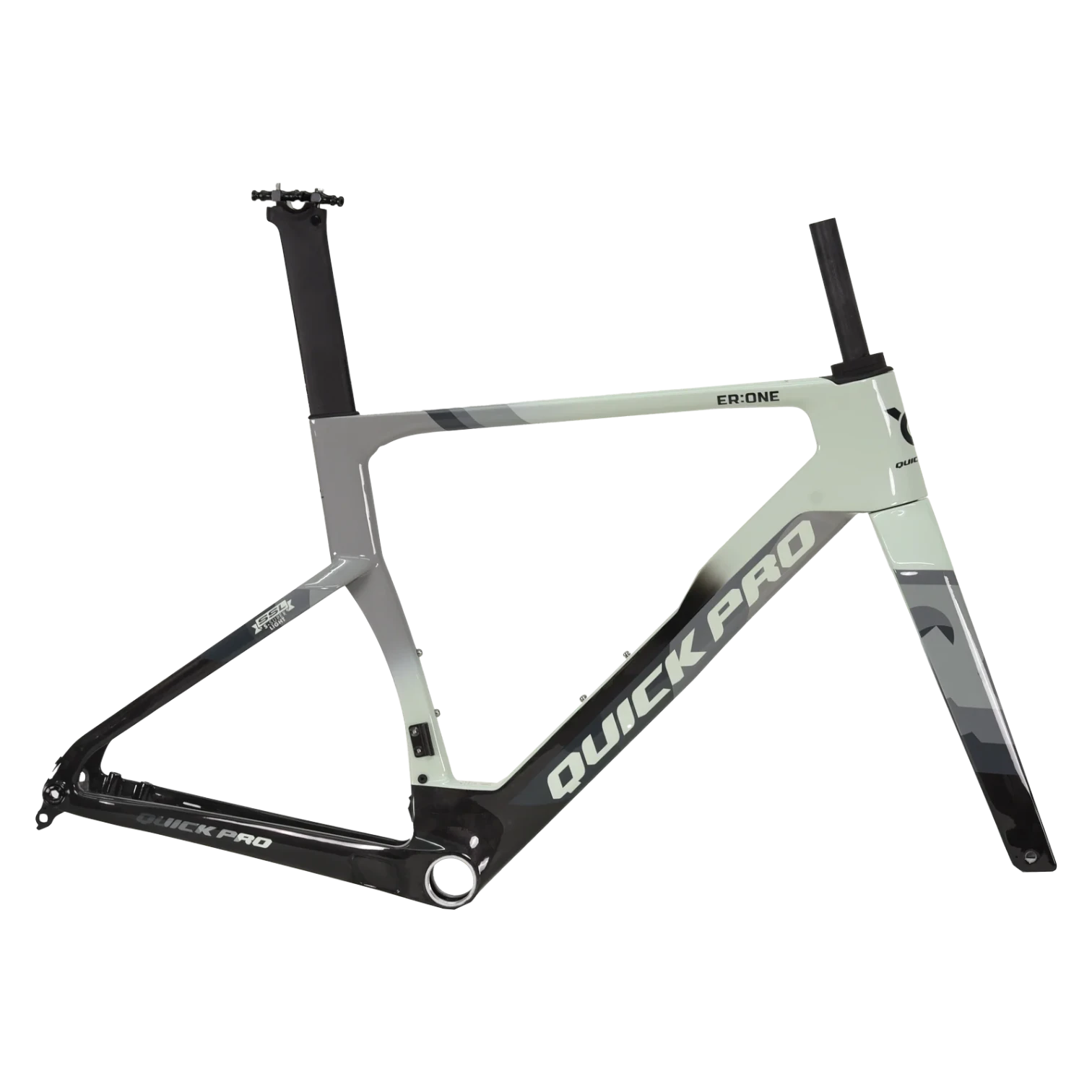 NorVelo ER:ONE carbon road bike frame in a grey and black aerodynamic design with Quick Pro branding