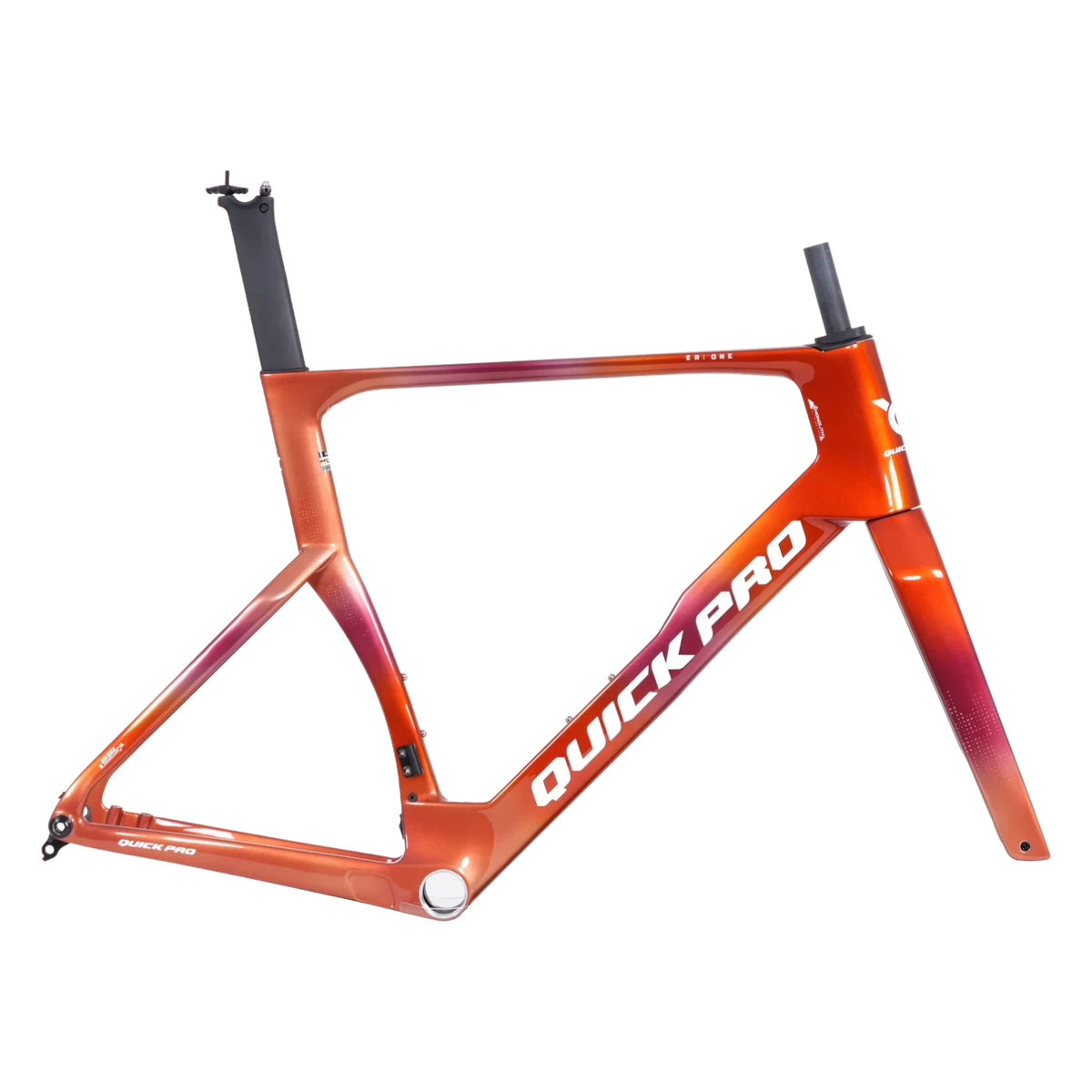 NorVelo ER:ONE carbon road bike frame in a vibrant orange and red gradient finish with aerodynamic tube profiles.