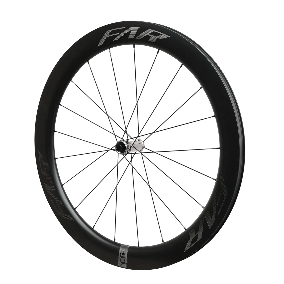 NorVelo Farsports C Series carbon road bike wheel with aero spokes and laser-engraved branding on a black rim.